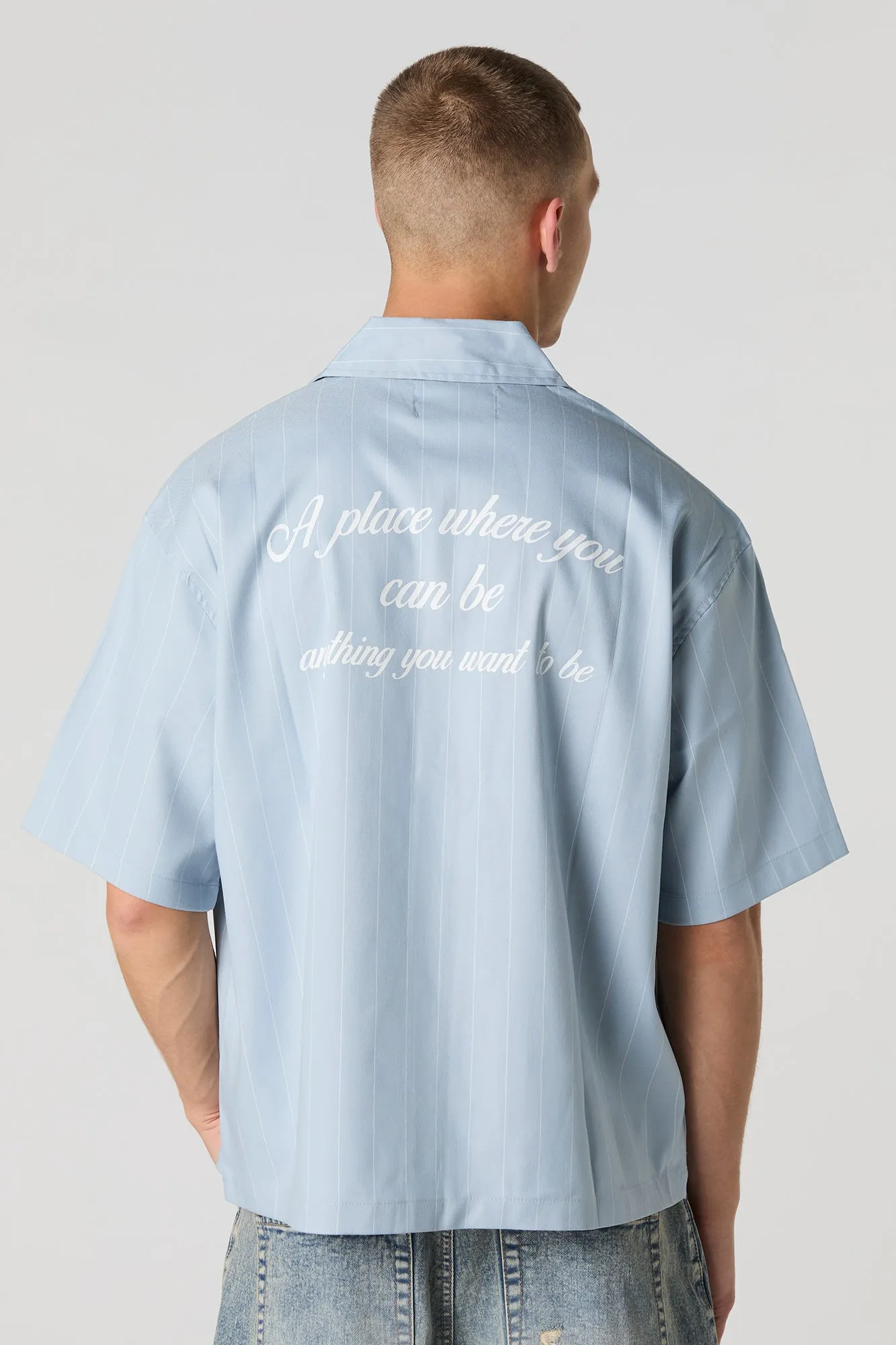 Pinstriped Graphic Boxy Button-Up Top sold by Urban Planet