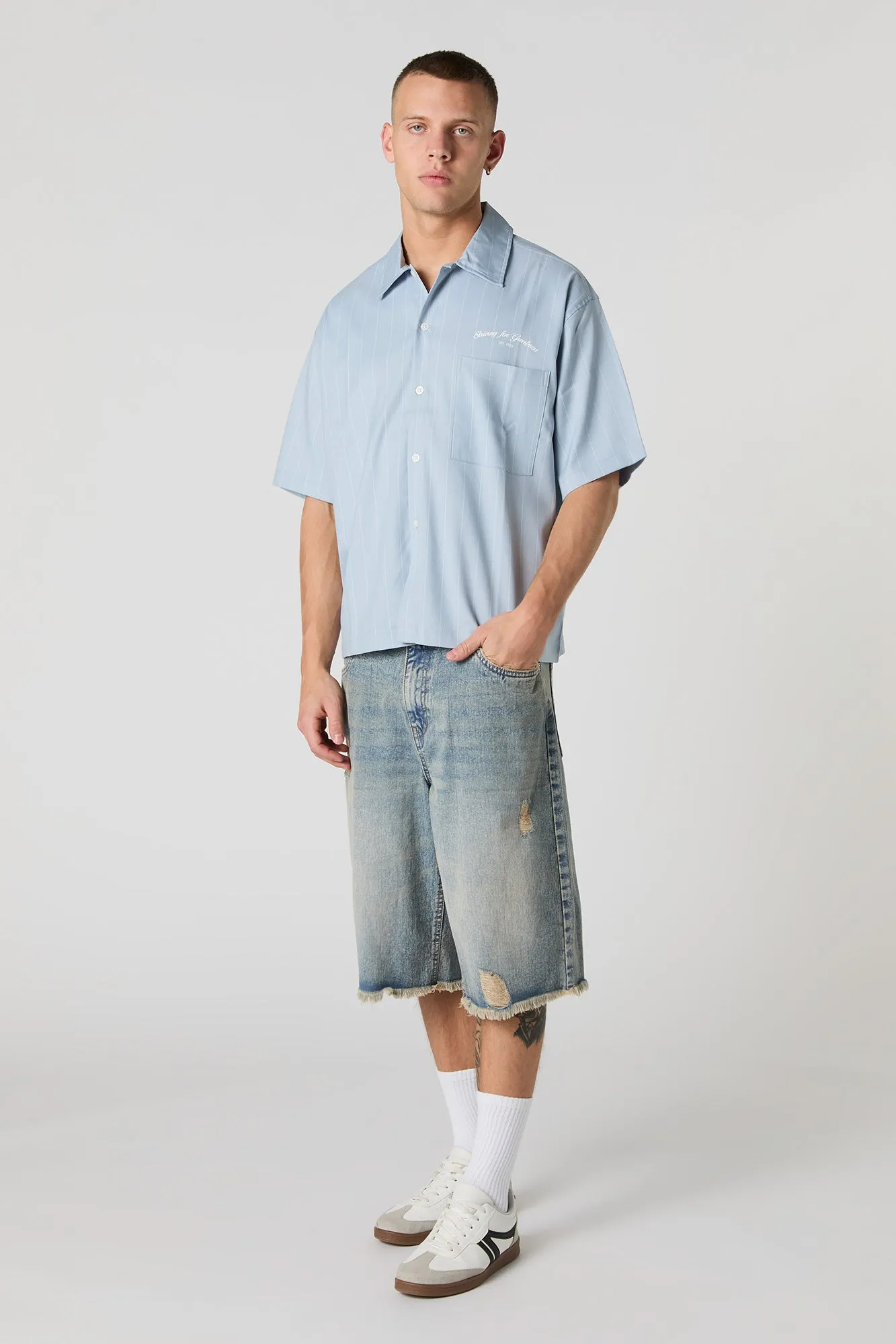 Pinstriped Graphic Boxy Button-Up Top sold by Urban Planet product image thumbnail 3