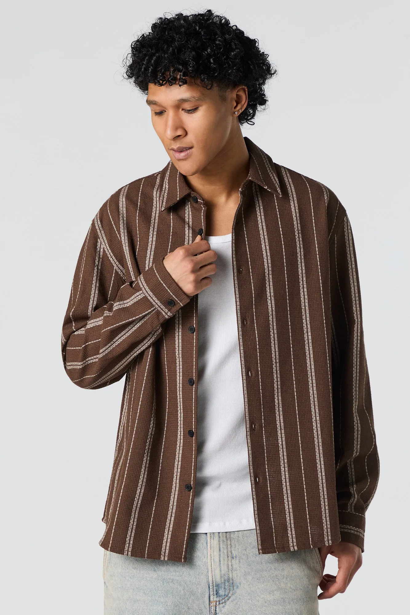 Textured Striped Long Sleeve Button-Up Top sold by Urban Planet