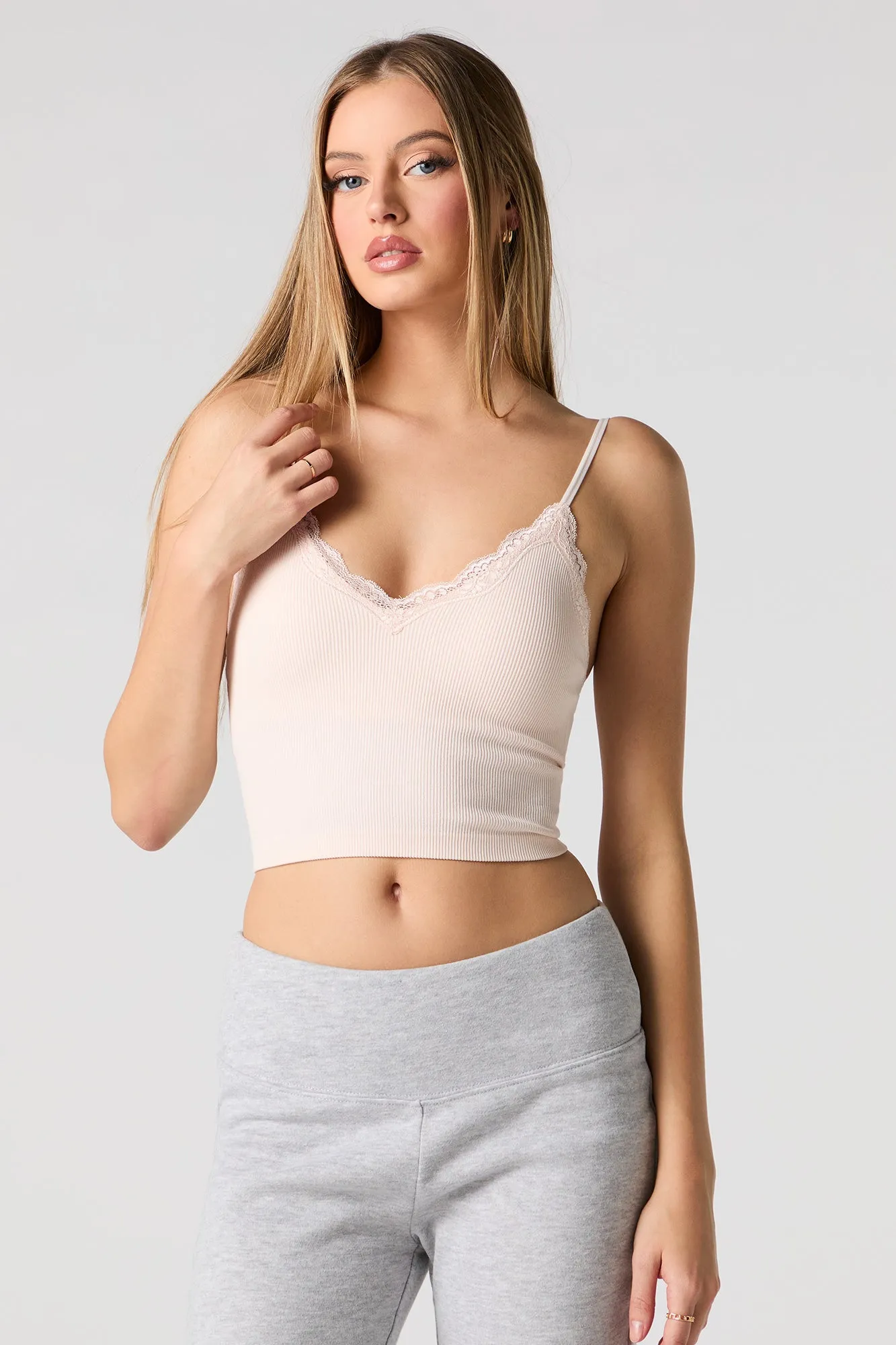 Seamless Ribbed Lace Trim Cami with Built-In Cups sold by Urban Planet