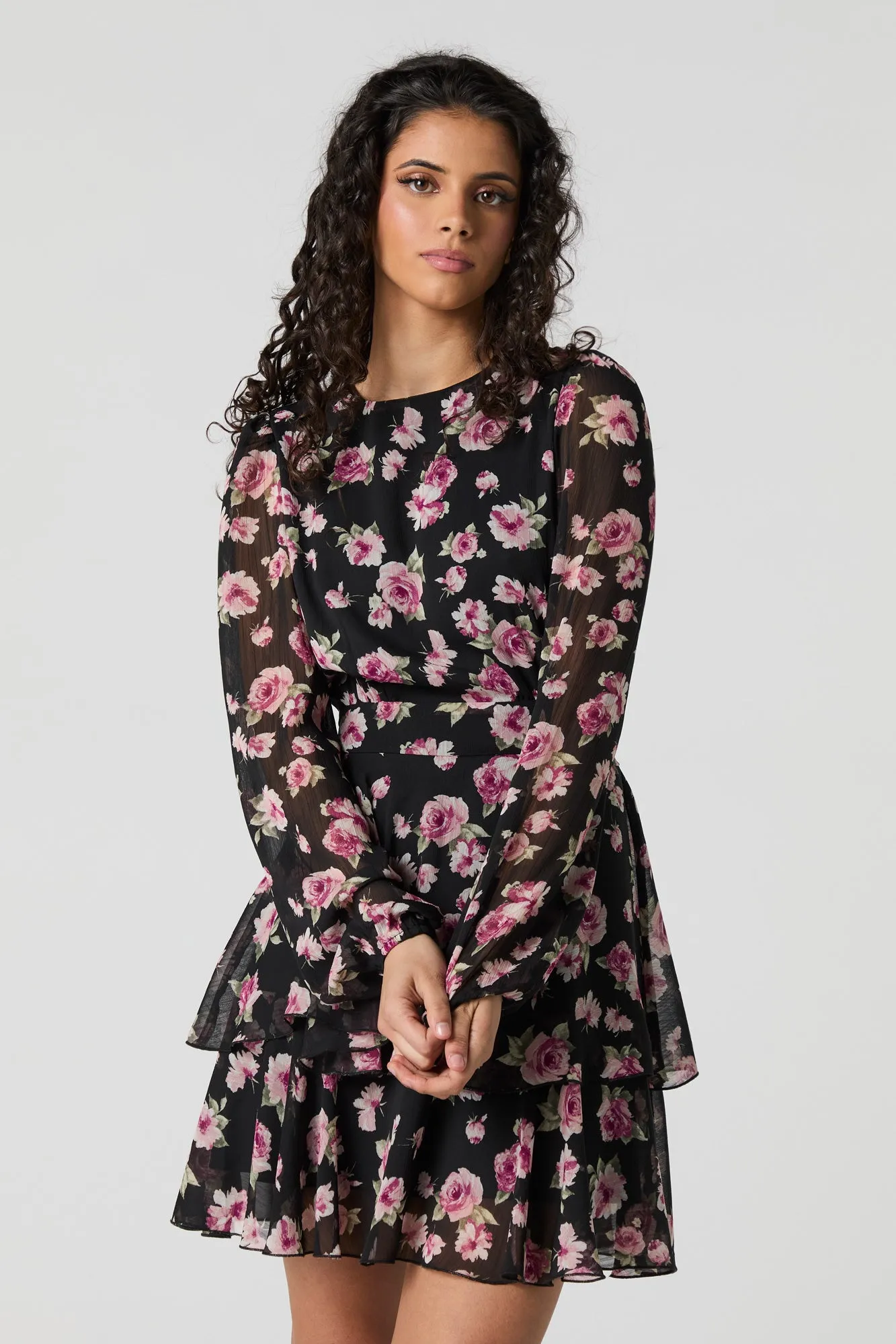 Printed Chiffon Ruffle Long Sleeve Mini Dress sold by Urban Planet product image thumbnail 5