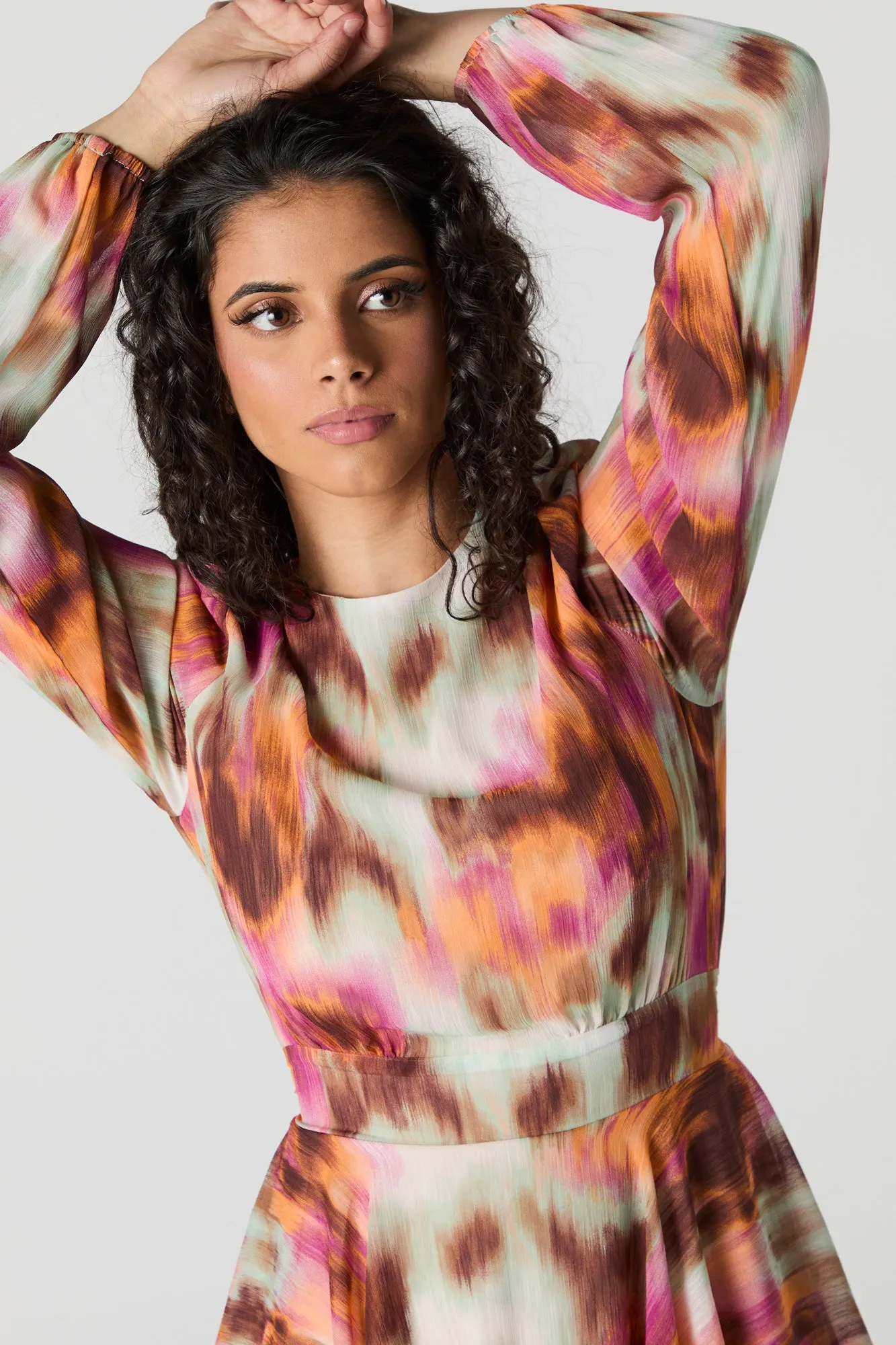 Printed Chiffon Ruffle Long Sleeve Mini Dress sold by Urban Planet