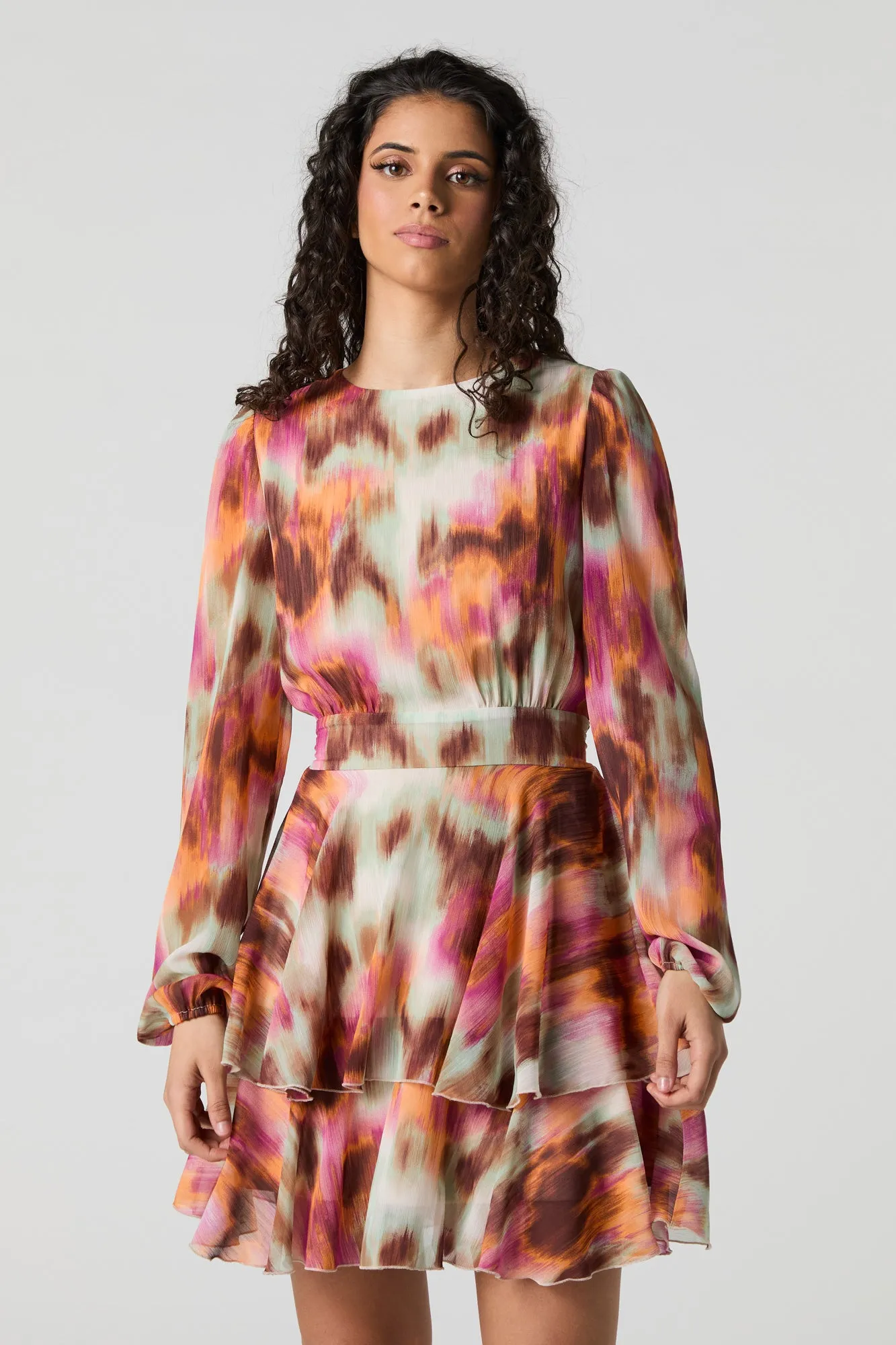 Printed Chiffon Ruffle Long Sleeve Mini Dress sold by Urban Planet product image thumbnail 4