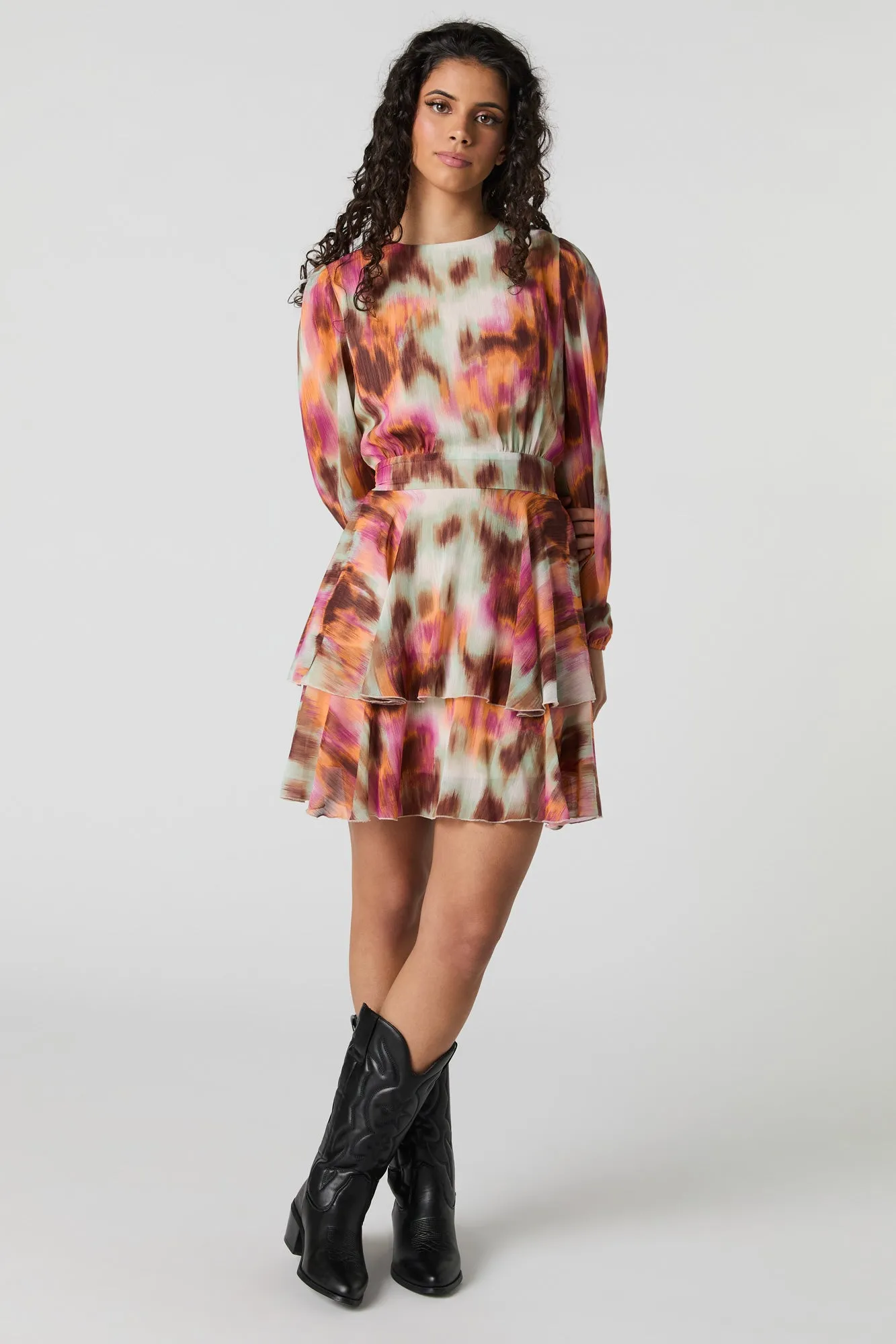 Printed Chiffon Ruffle Long Sleeve Mini Dress sold by Urban Planet product image thumbnail 3
