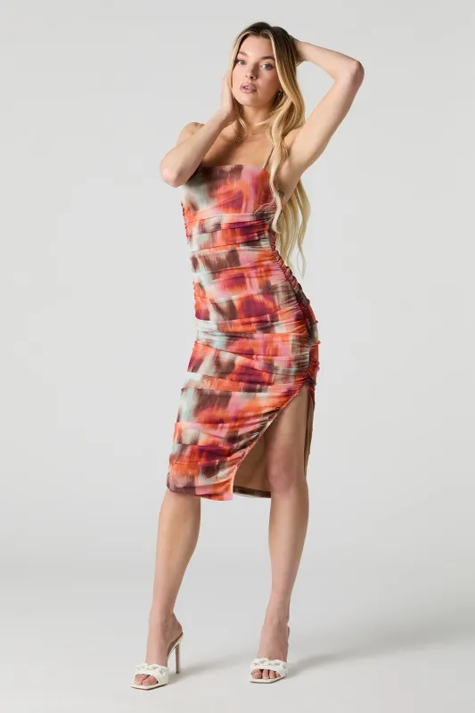 Printed Mesh Ruched Slit Midi Dress sold by Urban Planet
