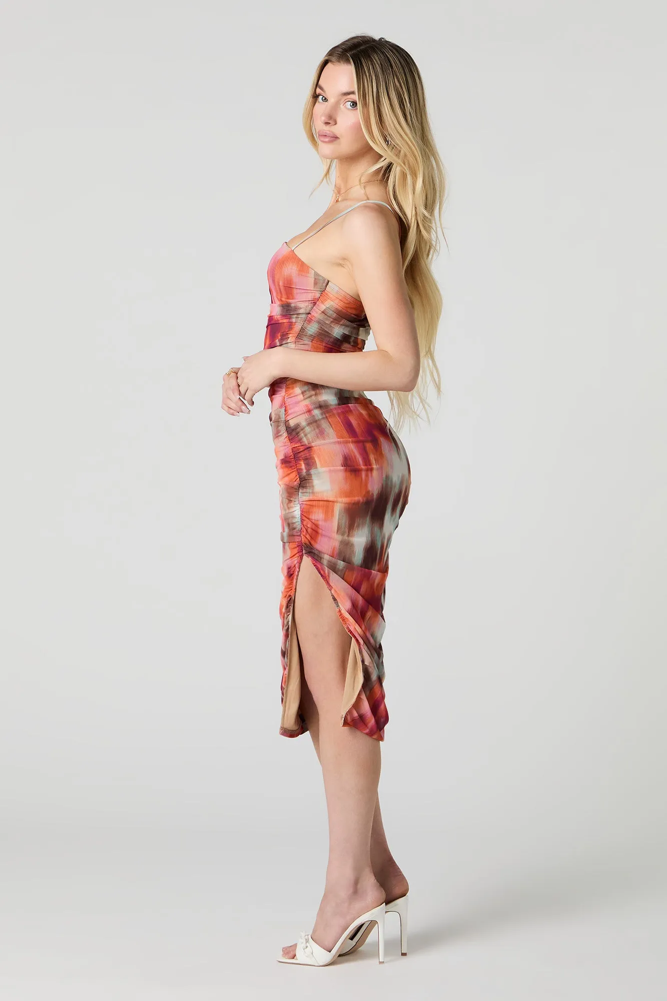 Printed Mesh Ruched Slit Midi Dress sold by Urban Planet product image thumbnail 2