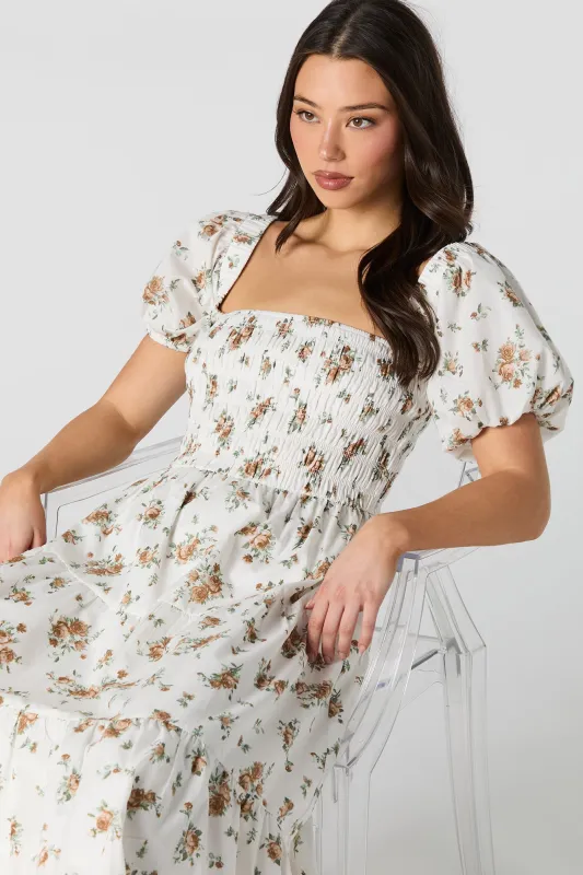 Smocked Puff Sleeve Tiered Midi Dress sold by Urban Planet
