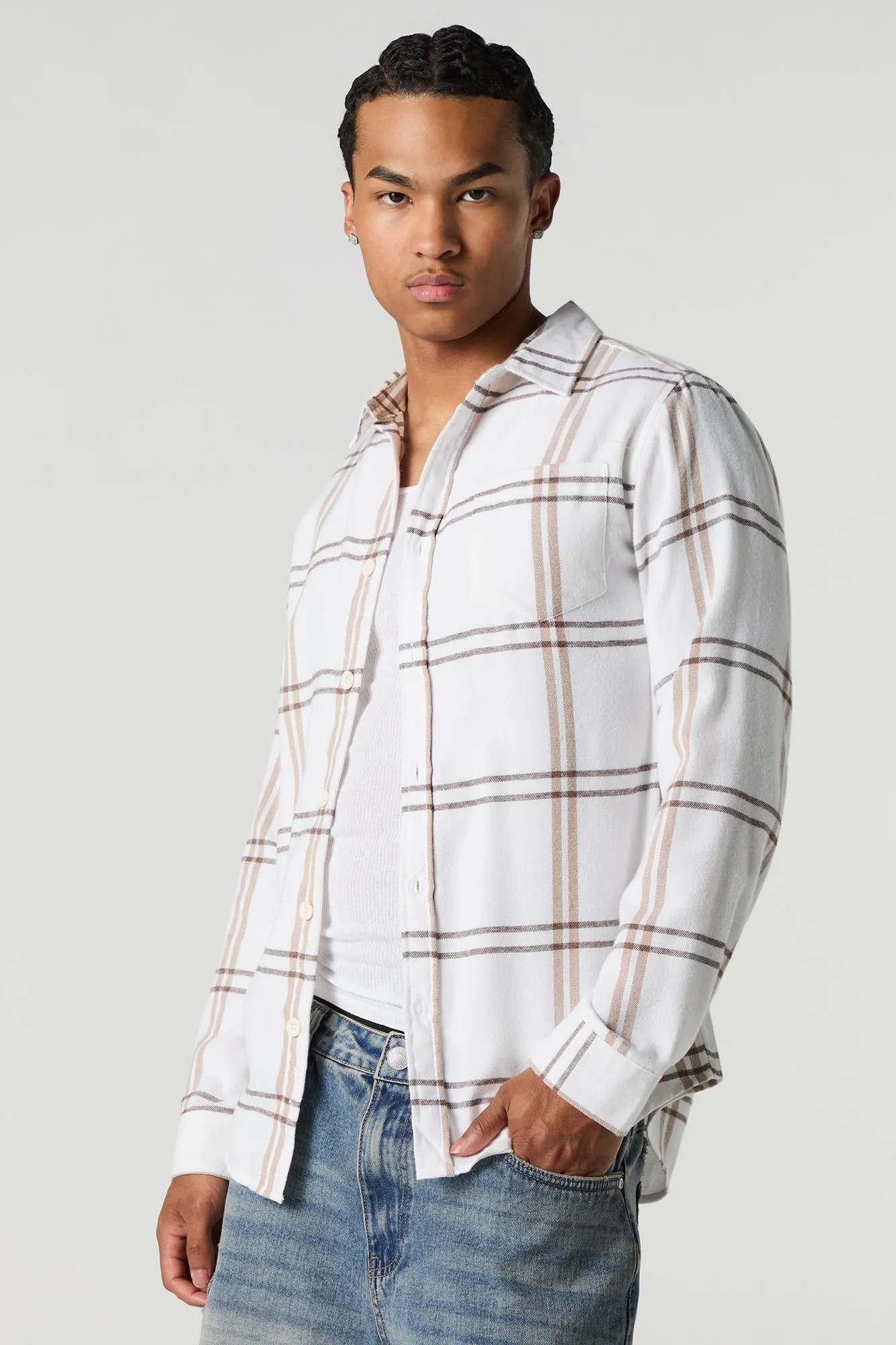 White Plaid Long Sleeve Button-Up Top sold by Urban Planet