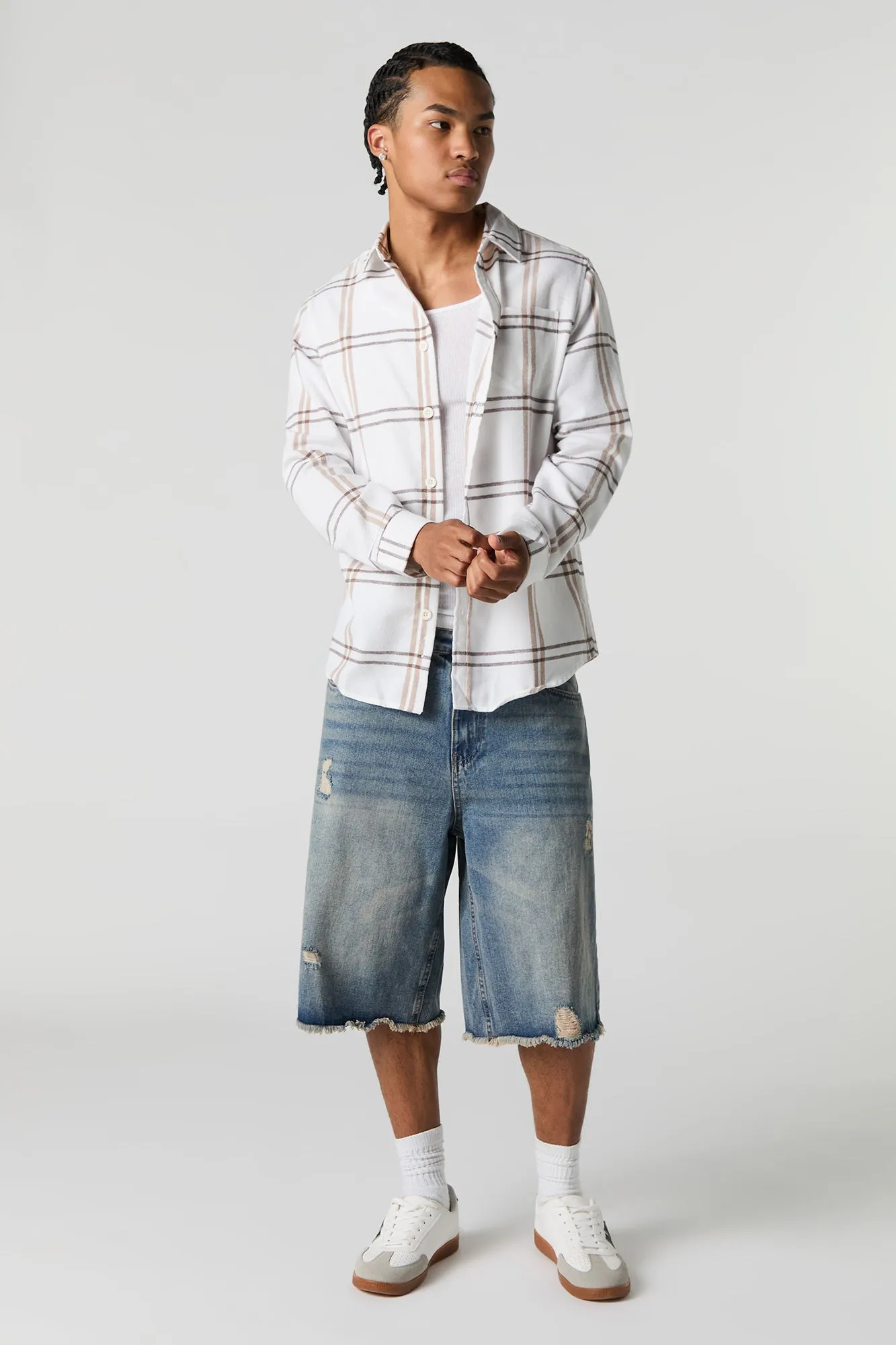 White Plaid Long Sleeve Button-Up Top sold by Urban Planet product image thumbnail 3