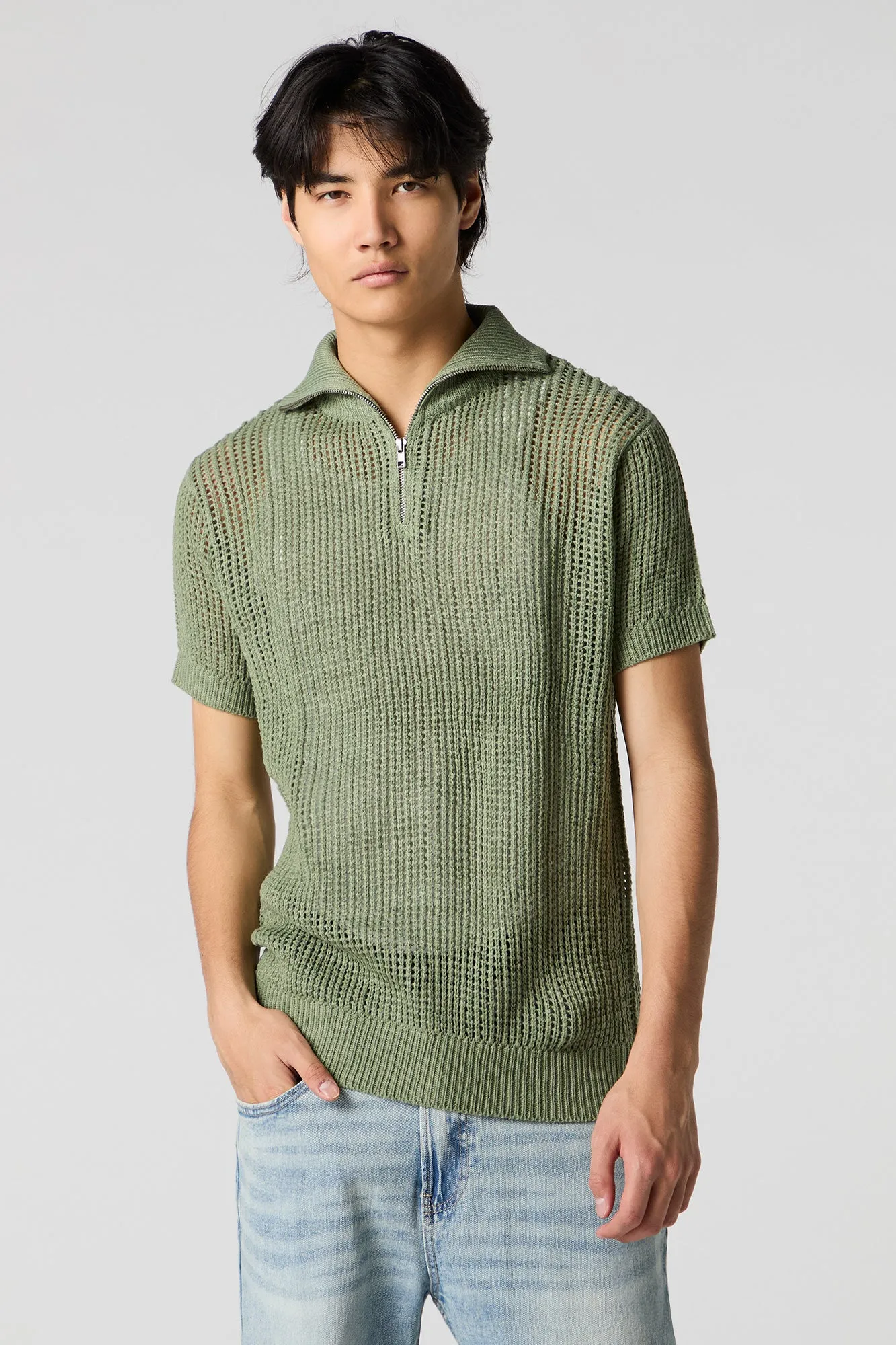 Open Knit Zip Polo sold by Urban Planet