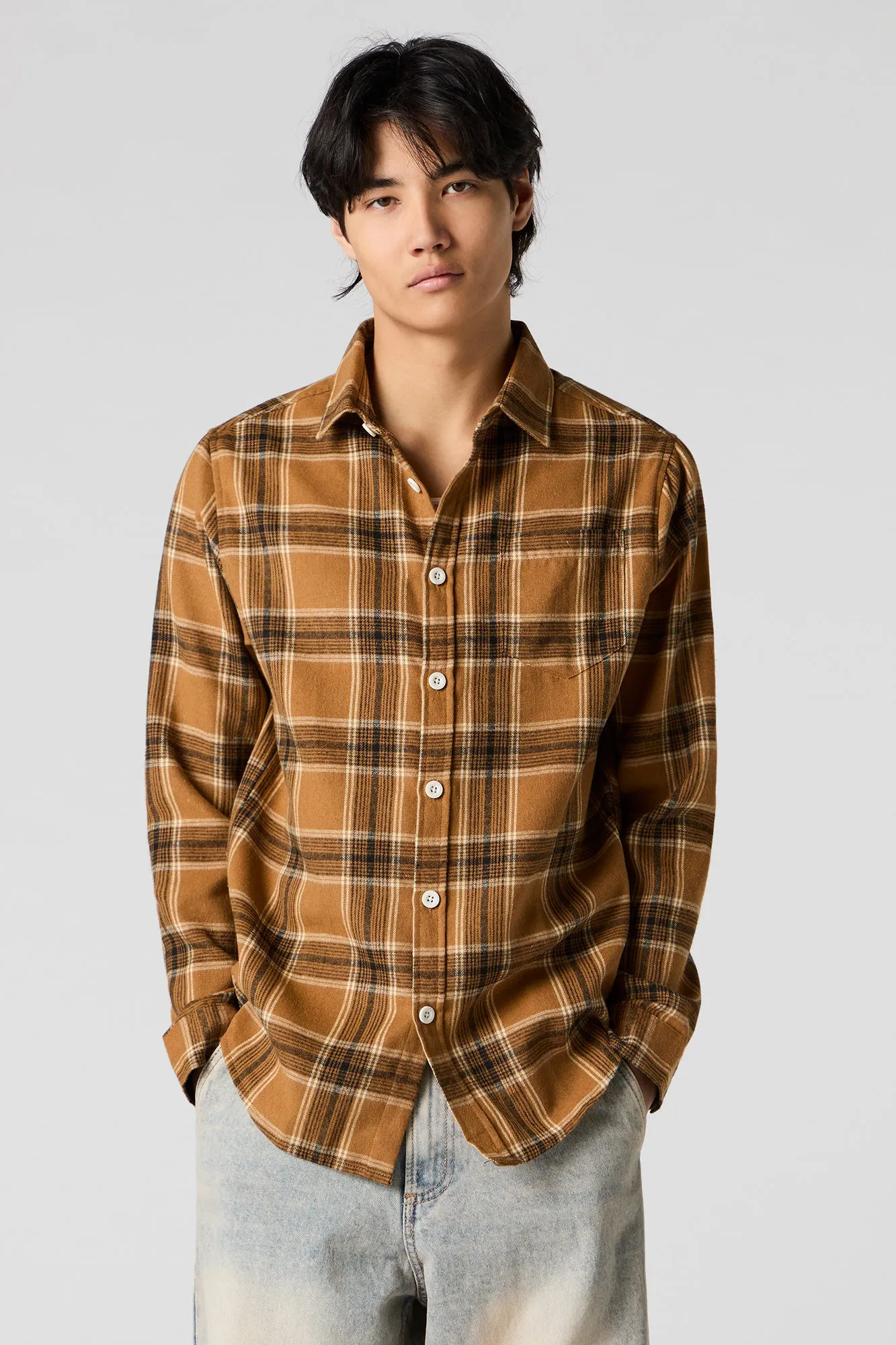 Gold Plaid Long Sleeve Button-Up Top sold by Urban Planet