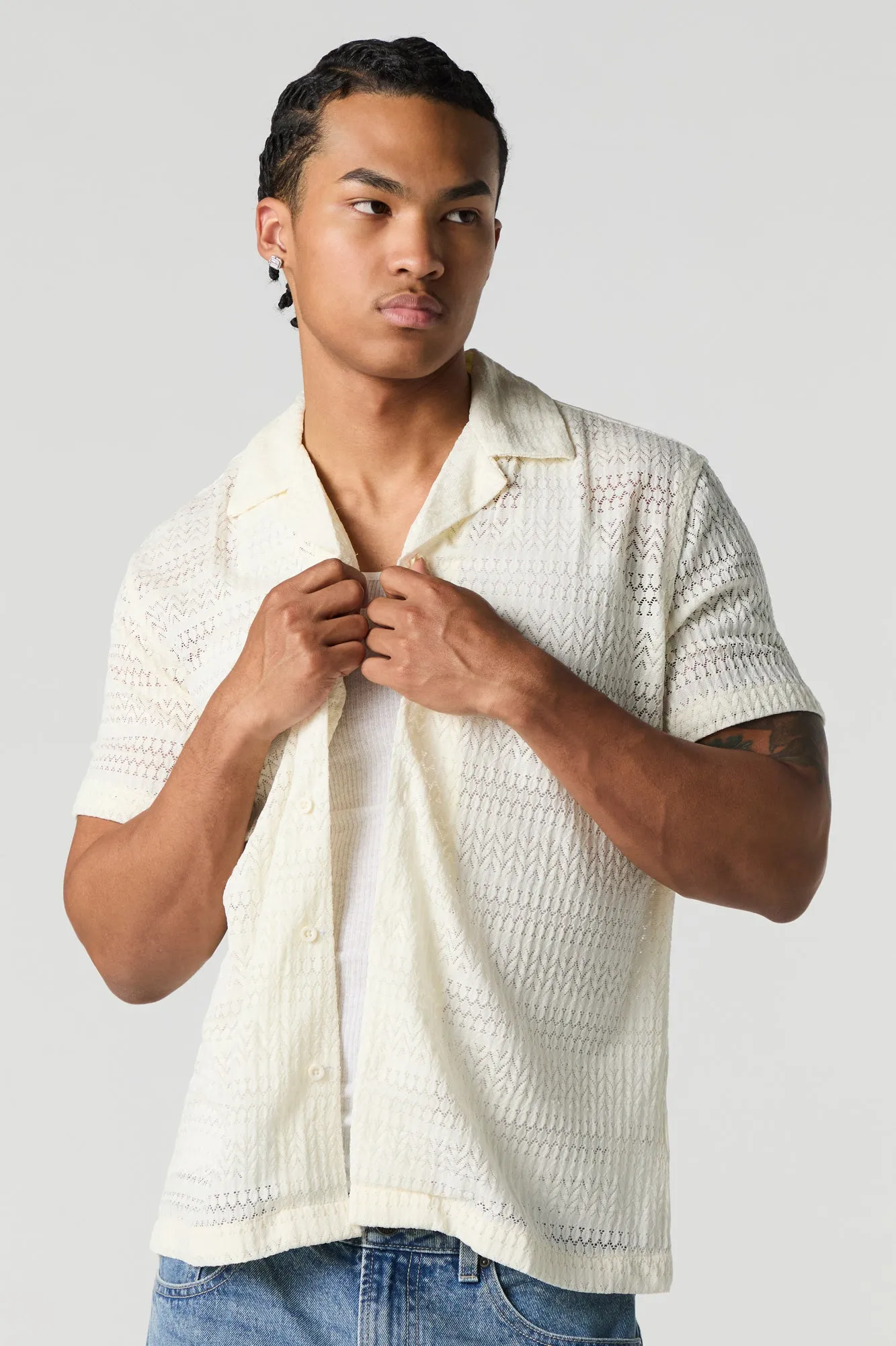 Pointelle Button-Up Top sold by Urban Planet