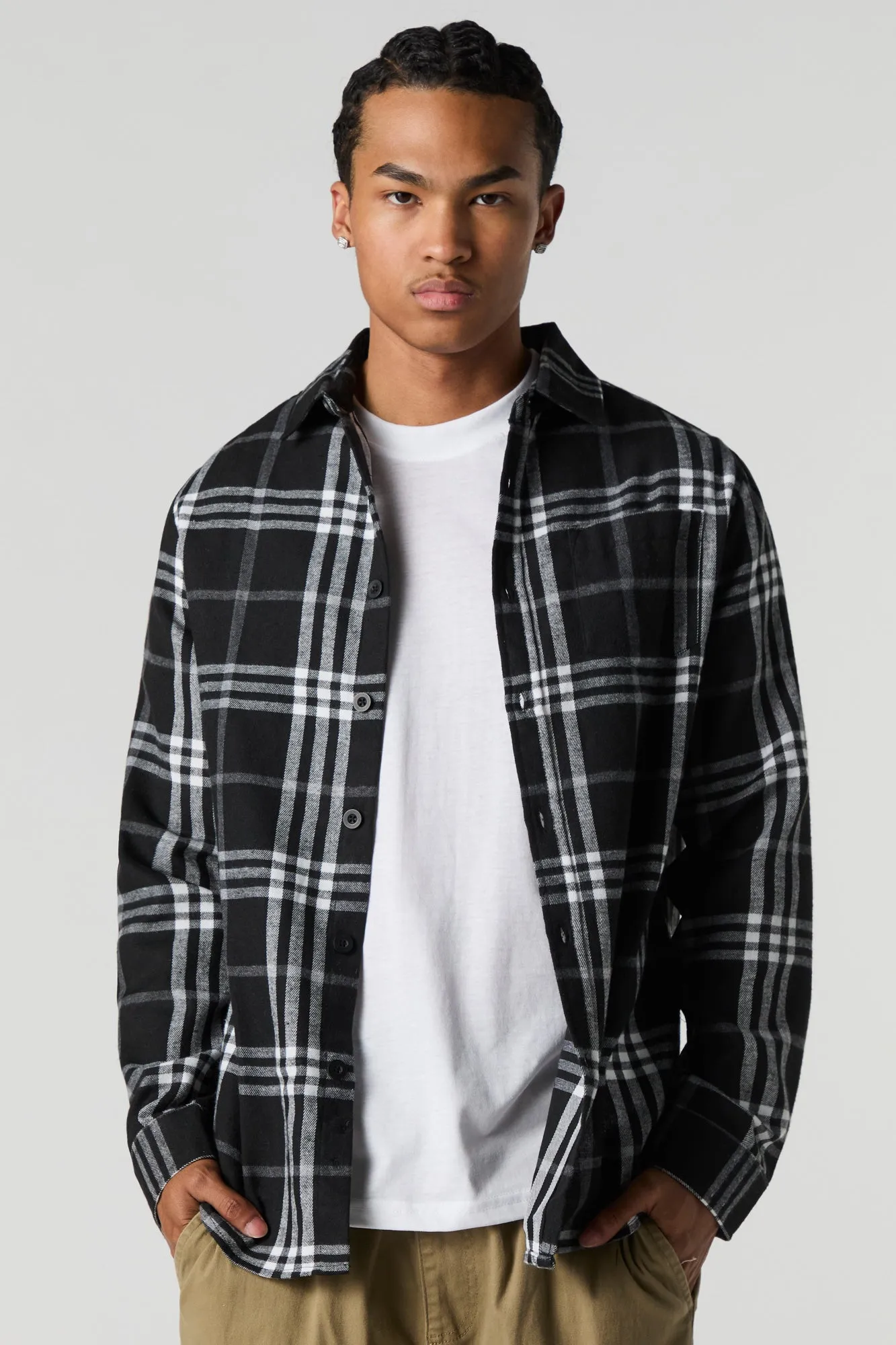 Black Plaid Long Sleeve Button-Up Top sold by Urban Planet