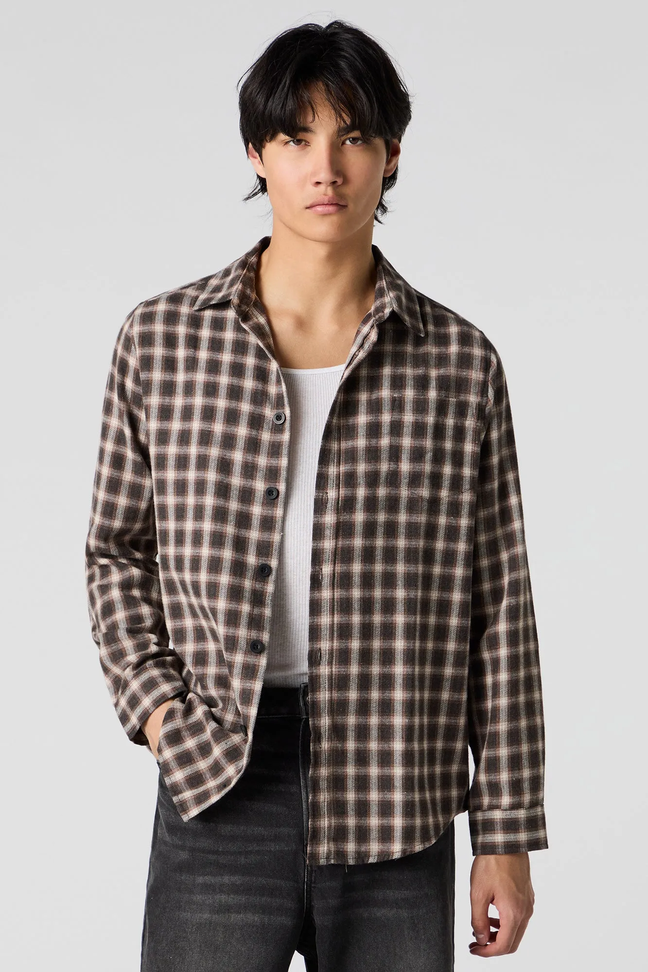 Brown Plaid Long Sleeve Button-Up Top sold by Urban Planet