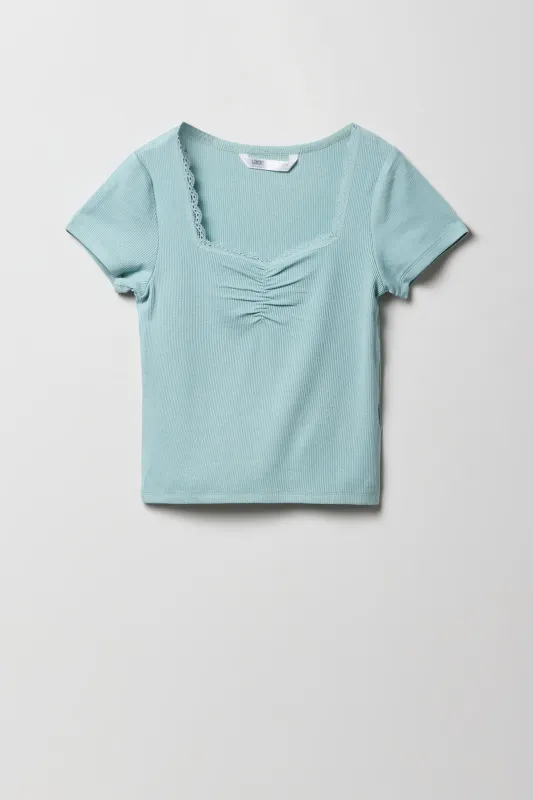 Girls Ribbed Lace Trim Cinched T-Shirt sold by Urban Planet