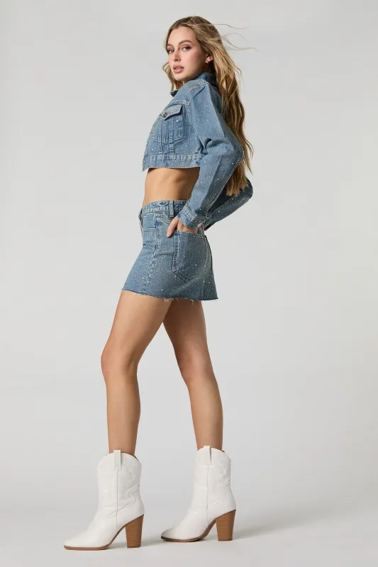 Rhinestone Denim Mini Skirt sold by Urban Planet