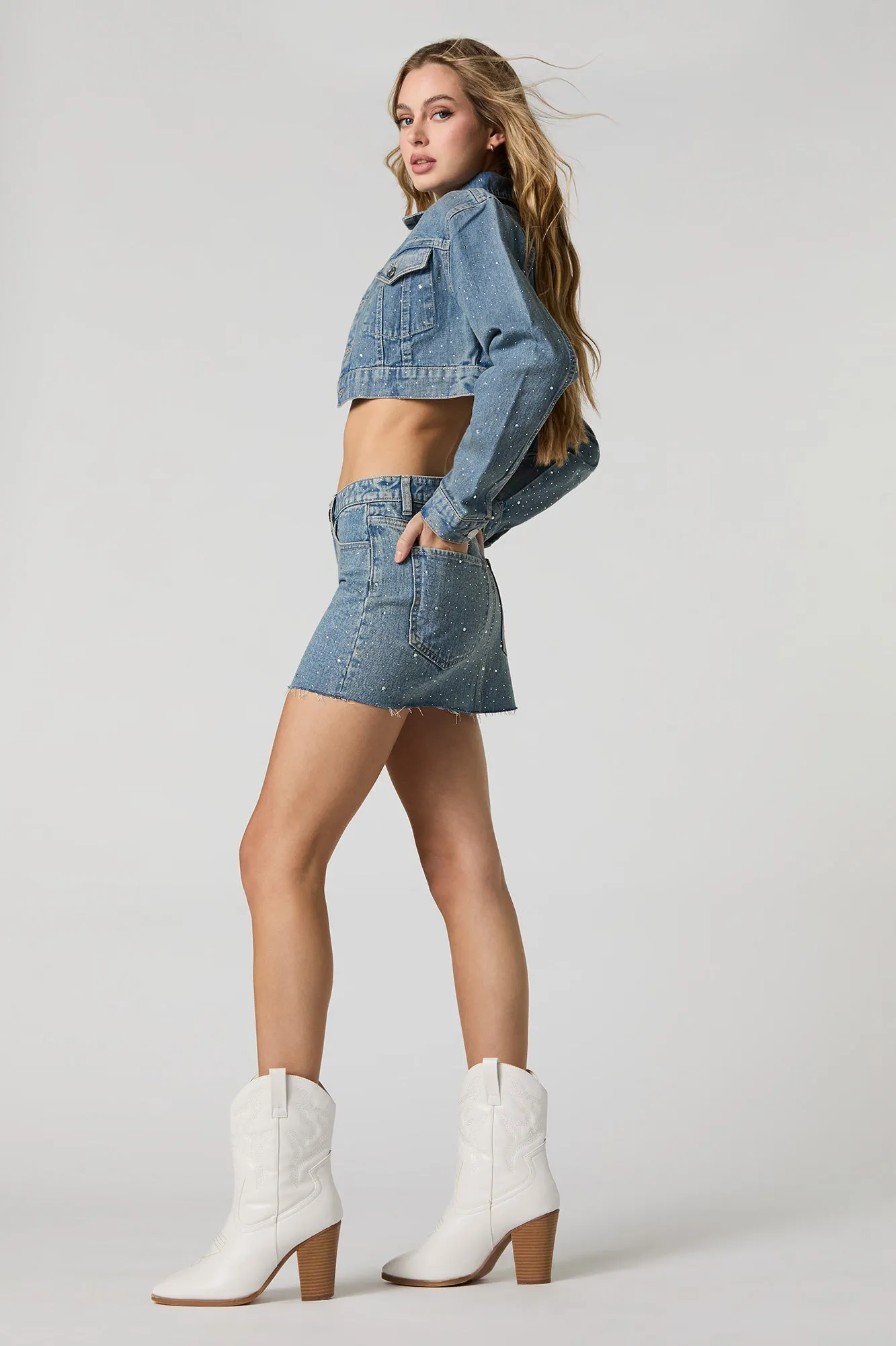 Rhinestone Denim Mini Skirt sold by Urban Planet