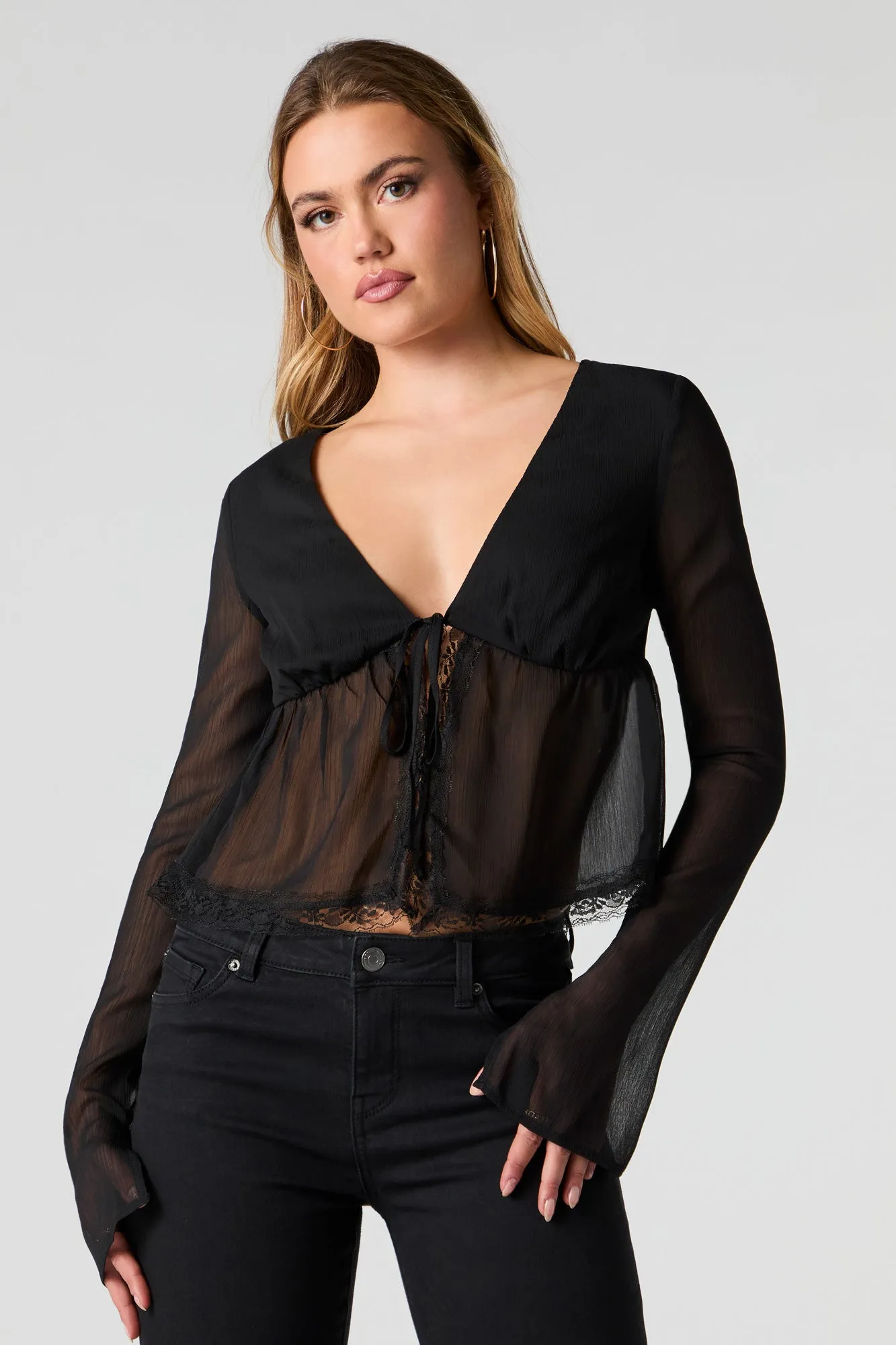 Chiffon Self-Tie Long Sleeve Flyaway Top sold by Urban Planet product image thumbnail 4