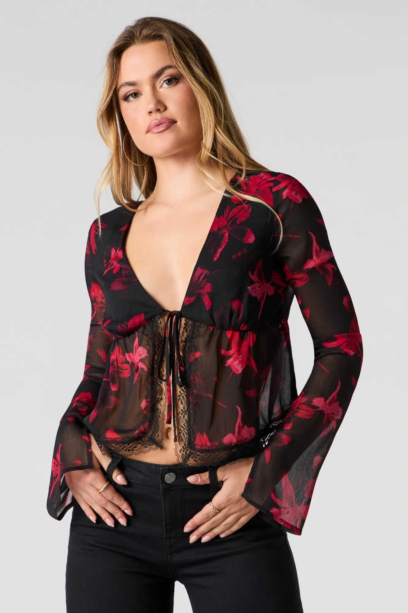 Chiffon Self-Tie Long Sleeve Flyaway Top sold by Urban Planet