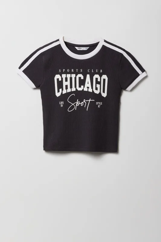 T-shirt côtelé à liséré contrastant avec imprimé Sporty pour fille sold by Urban Planet