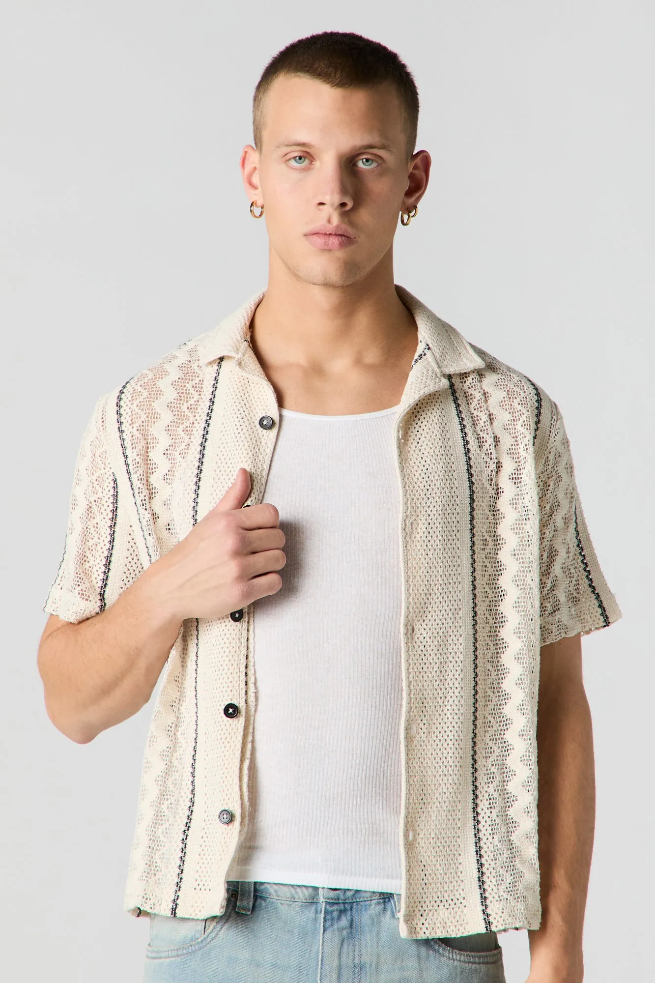 Textured Open Knit Button-Up Top sold by Urban Planet