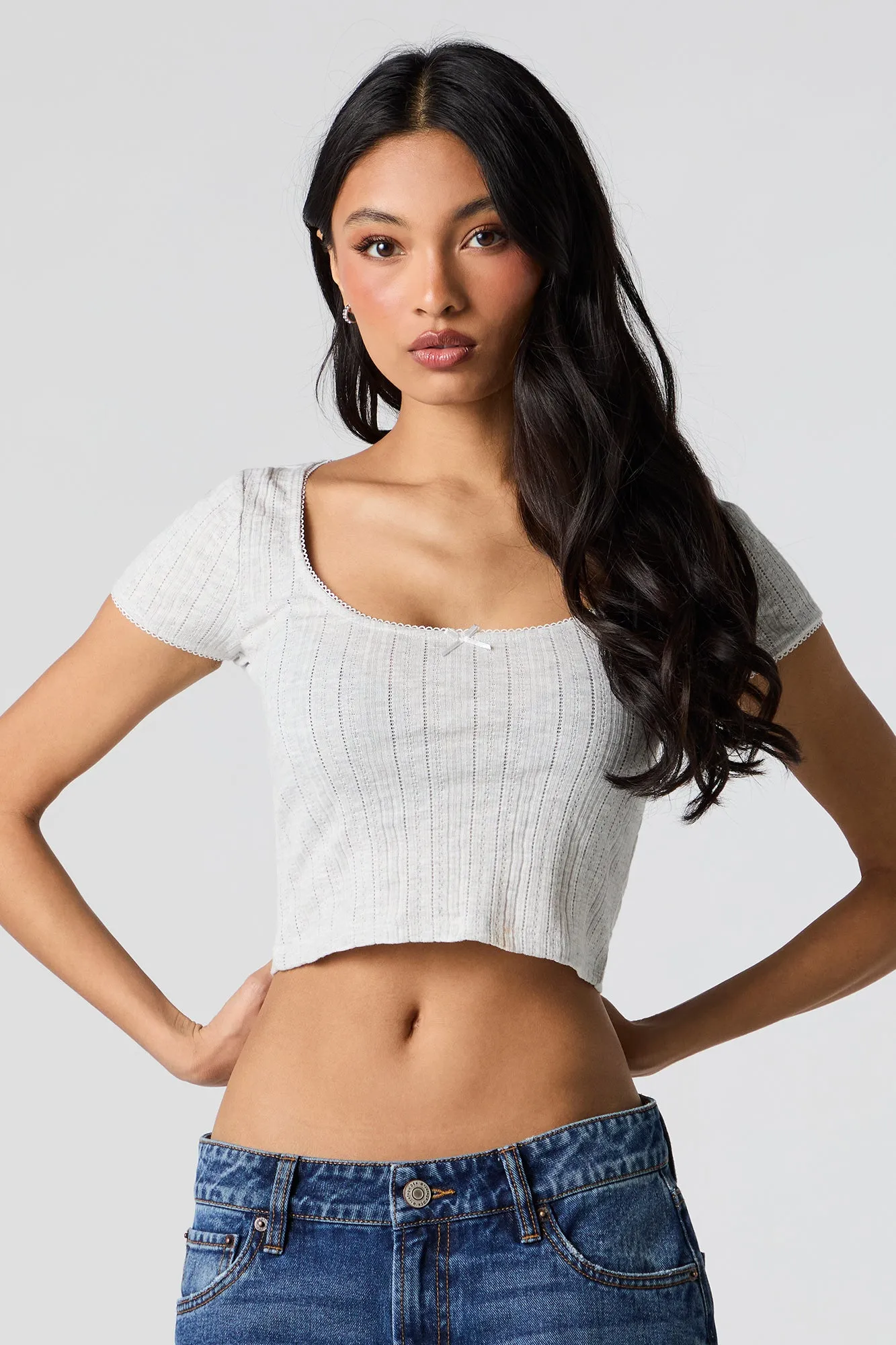 Haut écourté à encolure ronde en tricot pointelle sold by Urban Planet product image thumbnail 5