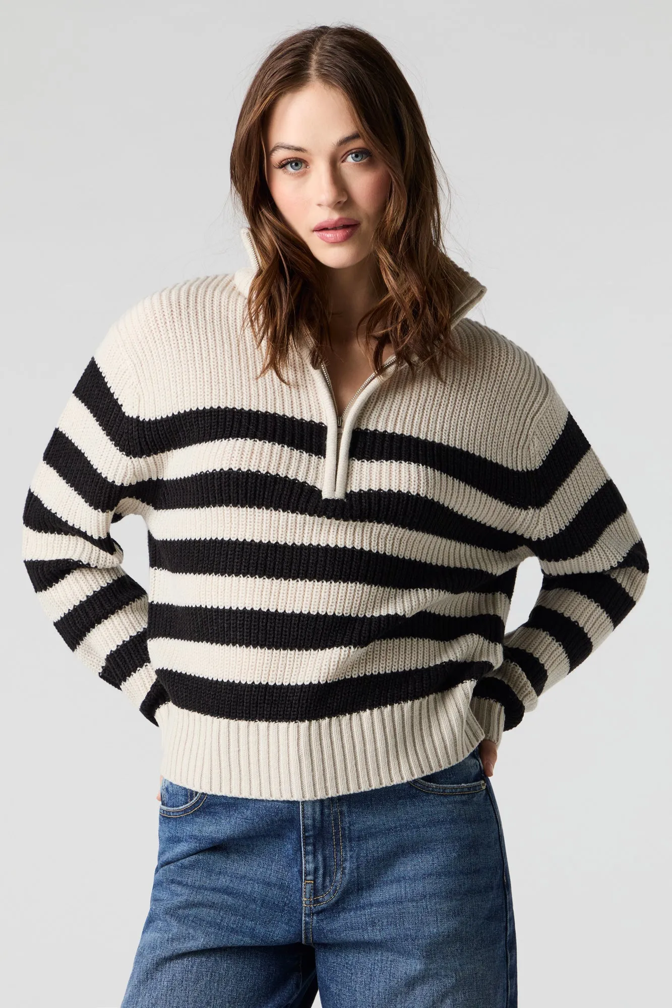 Striped Knit Quarter Zip Sweater sold by Urban Planet product image thumbnail 5