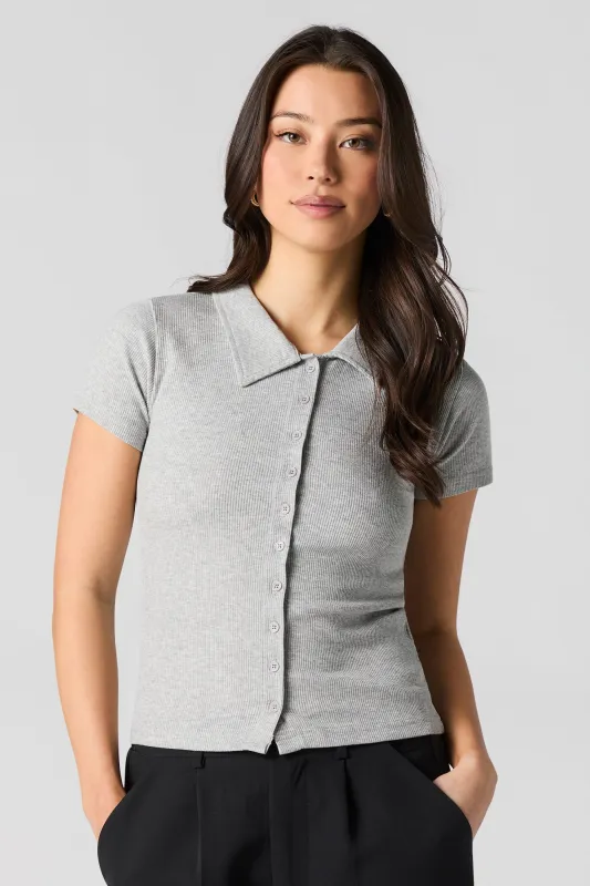 Ribbed Collared Button-Up Short Sleeve Top sold by Urban Planet