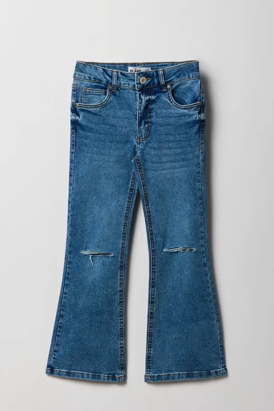Girls Mid Rise Distressed Knee Flare Jean sold by Urban Planet