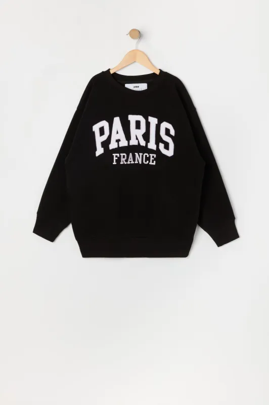 Girls Oversized Paris Chenille Embroidered Fleece Sweatshirt sold by Urban Planet
