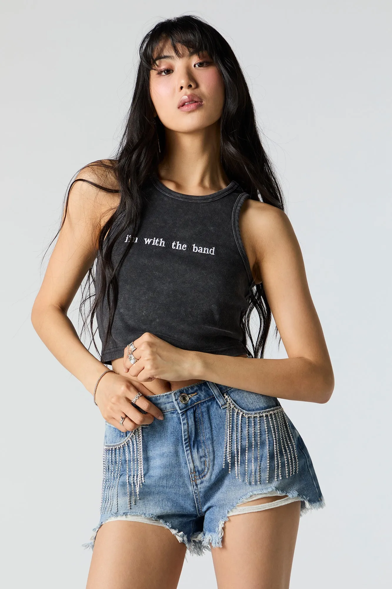 I'm With the Band Embroidered Washed Ribbed Tank sold by Urban Planet