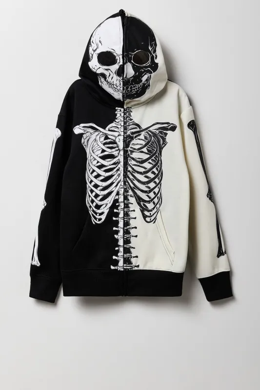 Haut à capuchon avec blocs de couleurs, imprimé Skeleton et fermeture à glissière pour enfant sold by Urban Planet