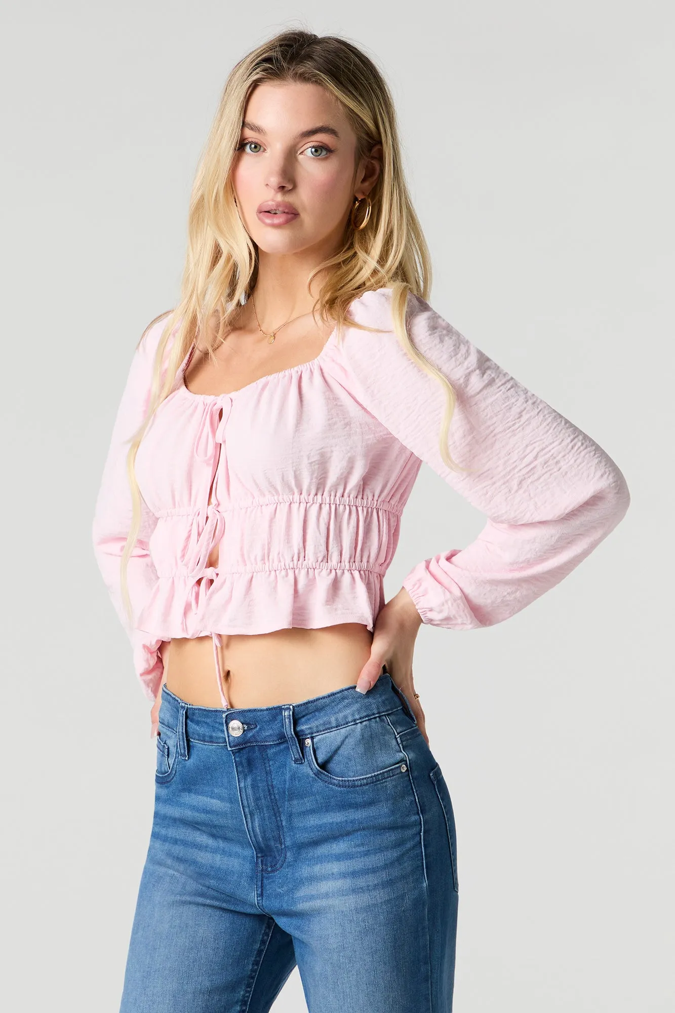 Ruched Self-Tie Front Long Sleeve Top sold by Urban Planet