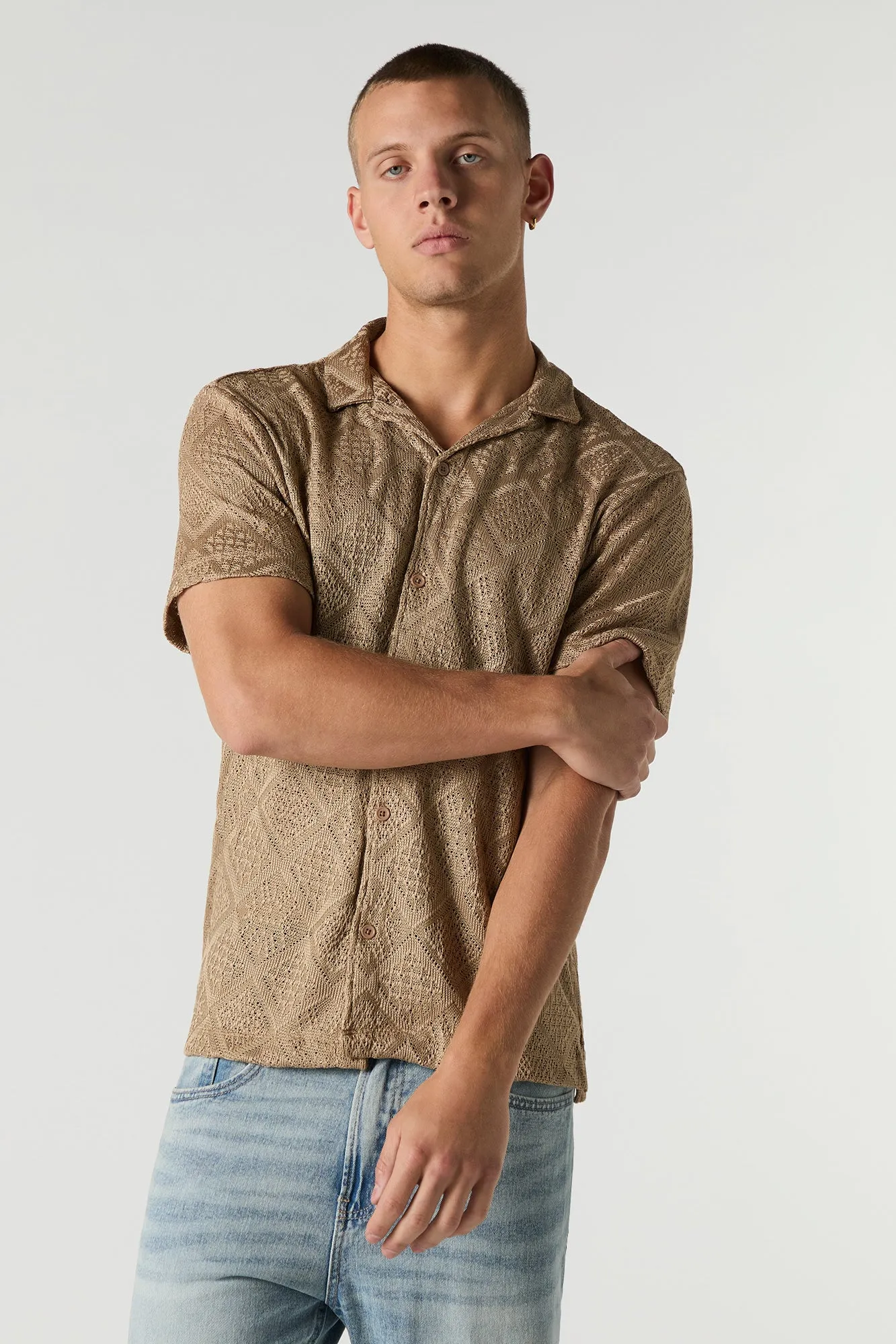 Diamond Open Knit Button-Up Top sold by Urban Planet