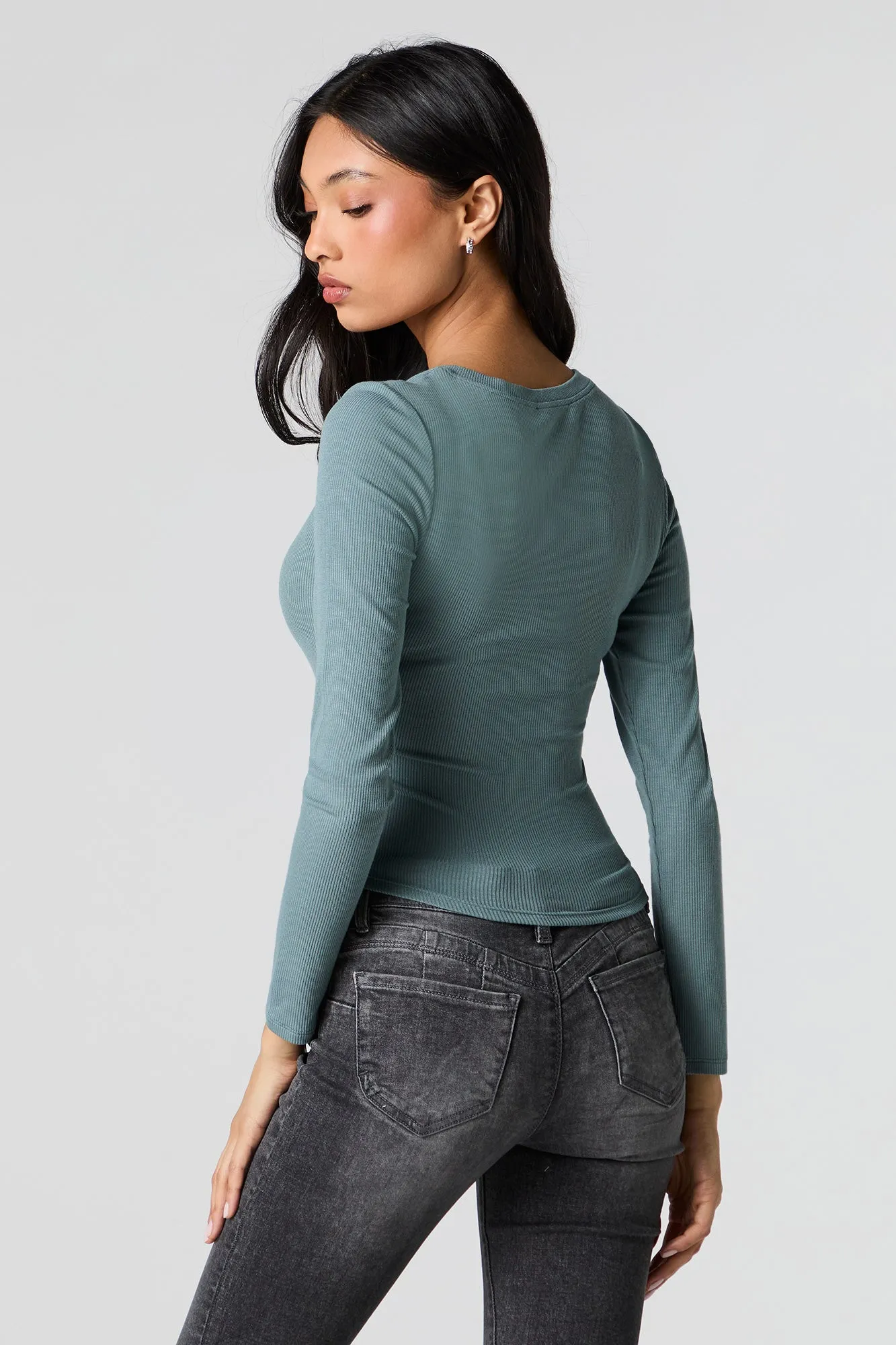 Ribbed V-Neck Long Sleeve Top sold by Urban Planet product image thumbnail 2