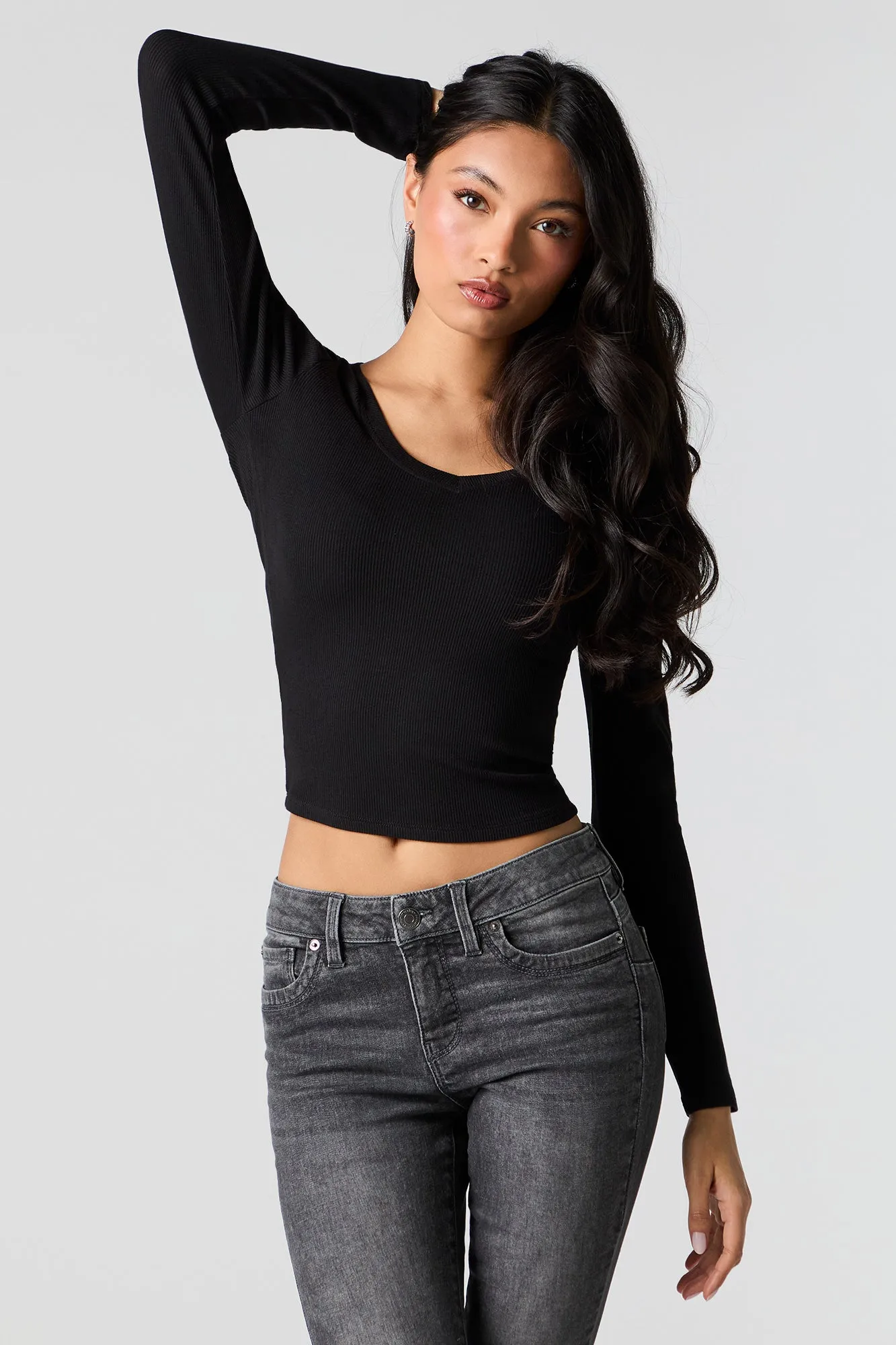 Haut côtelé à col en V et manche longue sold by Urban Planet product image thumbnail 4