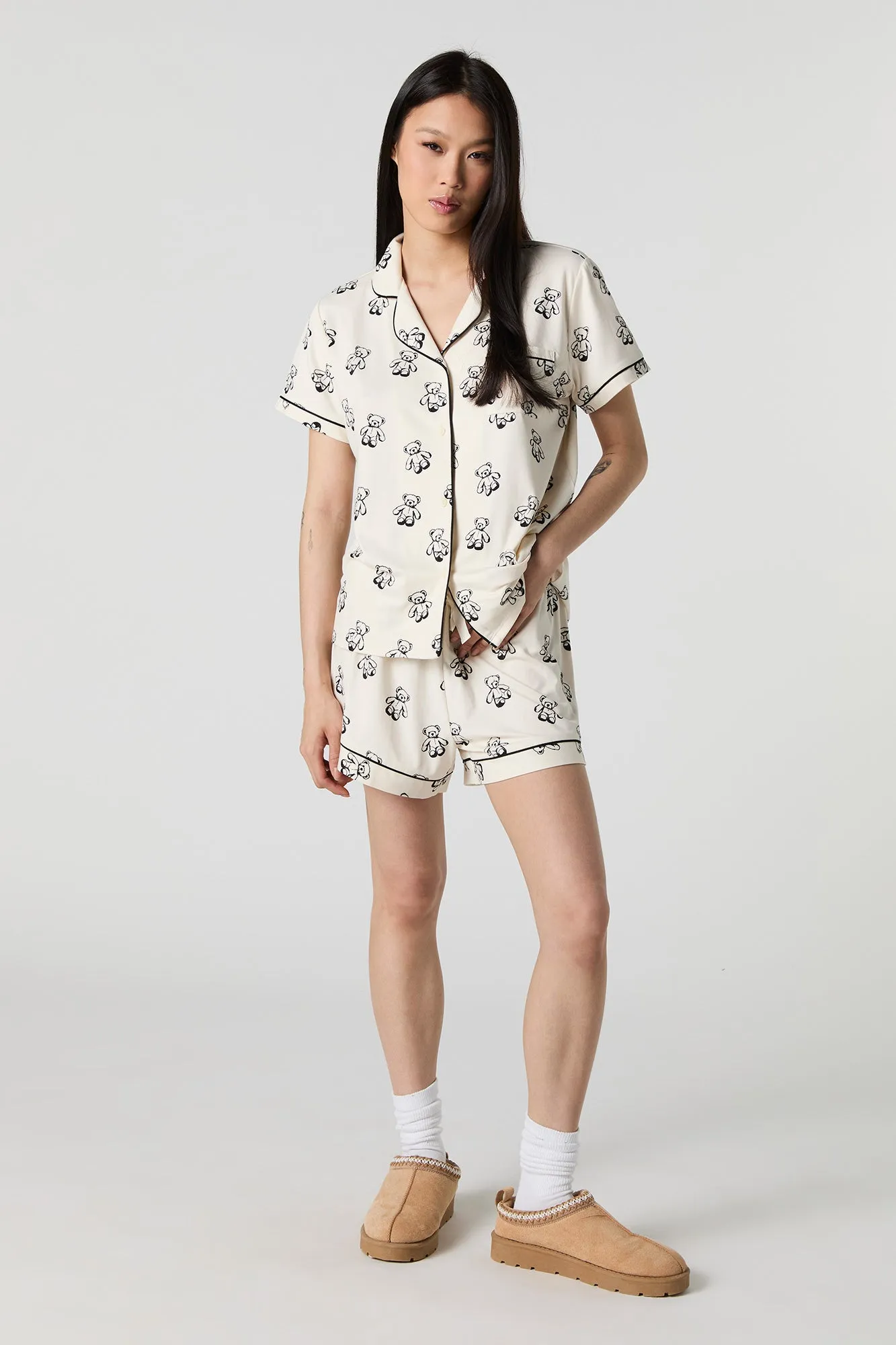 Printed Button-Up Top & Short 2 Piece Pajama Set sold by Urban Planet product image thumbnail 3