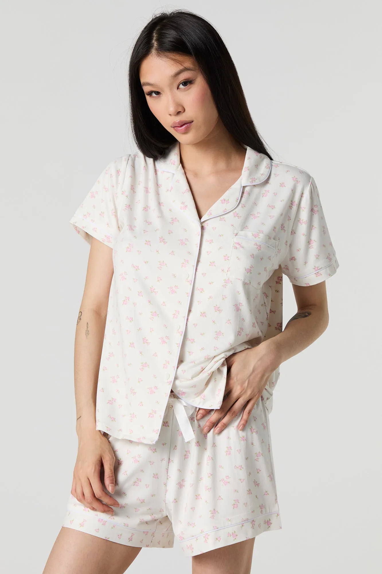 Printed Button-Up Top & Short 2 Piece Pajama Set sold by Urban Planet product image thumbnail 4