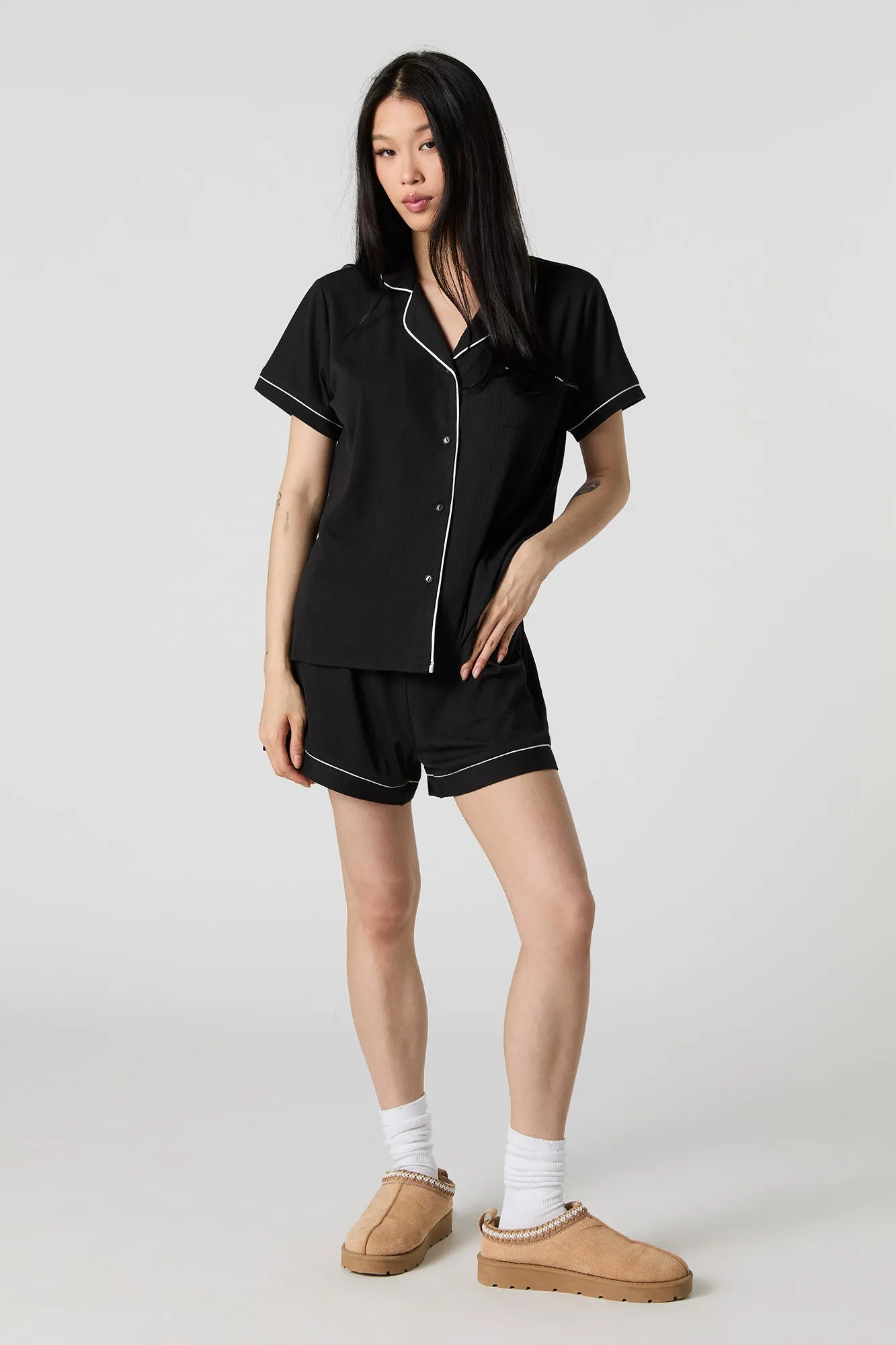 Ribbed Button-Up Top & Short 2 Piece Pajama Set sold by Urban Planet product image thumbnail 3