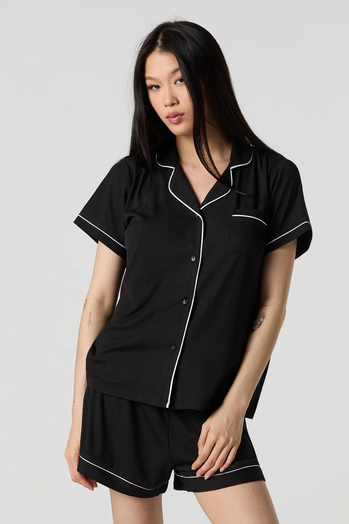 Ribbed Button-Up Top & Short 2 Piece Pajama Set sold by Urban Planet