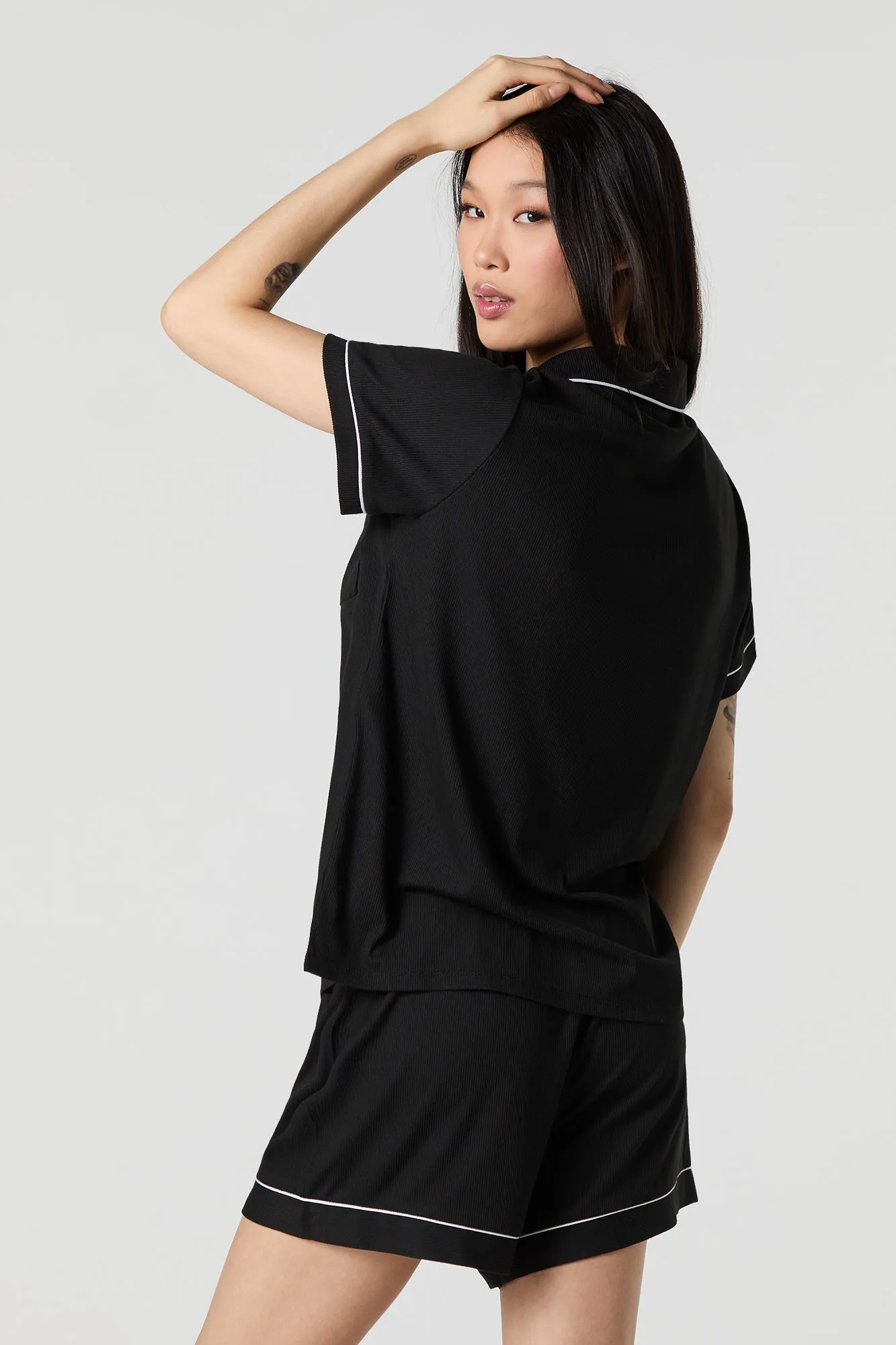 Ribbed Button-Up Top & Short 2 Piece Pajama Set sold by Urban Planet product image thumbnail 2