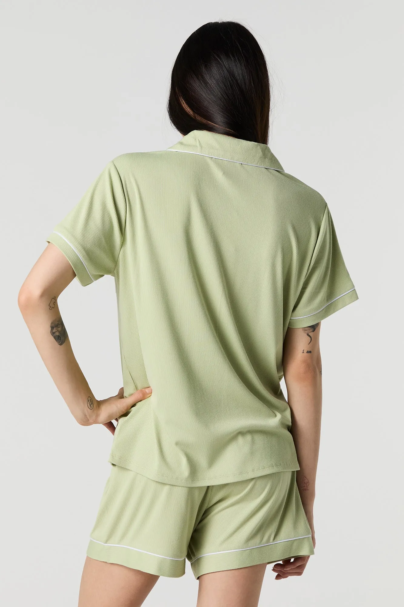 Ribbed Button-Up Top & Short 2 Piece Pajama Set sold by Urban Planet product image thumbnail 5