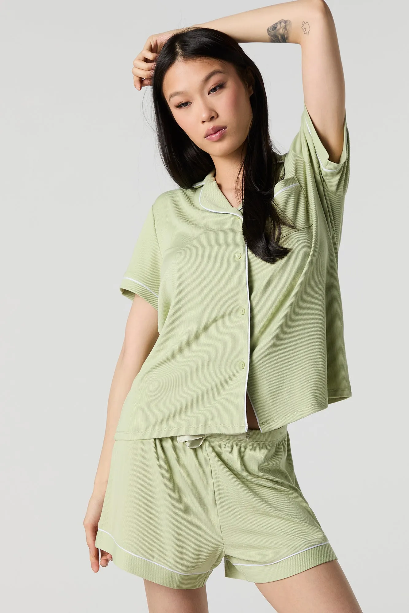 Ribbed Button-Up Top & Short 2 Piece Pajama Set sold by Urban Planet product image thumbnail 4