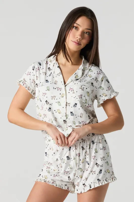 Ruffle Button-Up Top & Short 2 Piece Pajama Set sold by Urban Planet