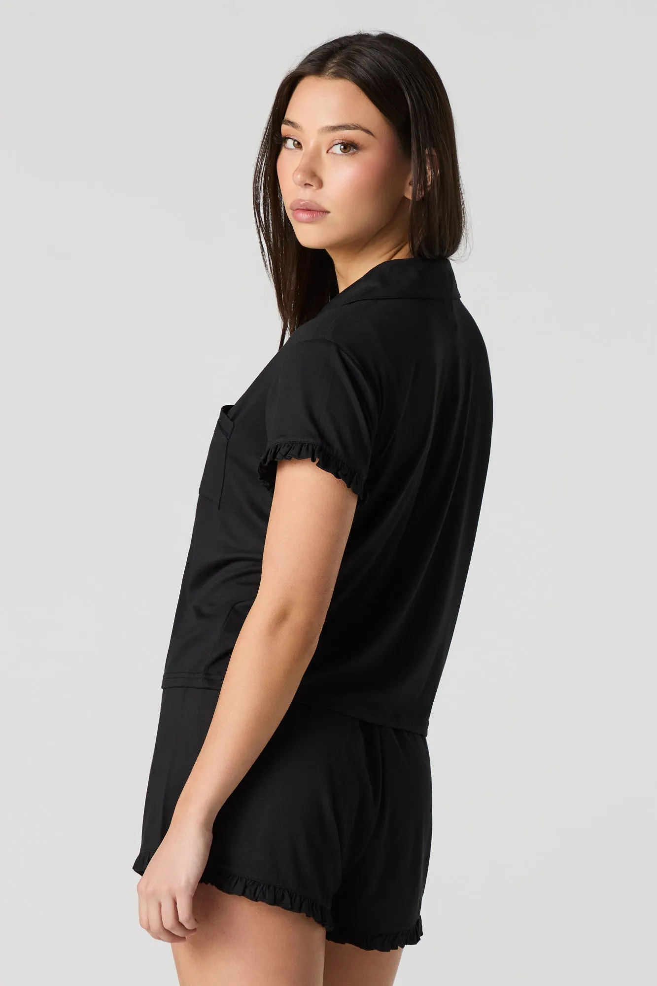 Ruffle Button-Up Top & Short 2 Piece Pajama Set sold by Urban Planet product image thumbnail 5