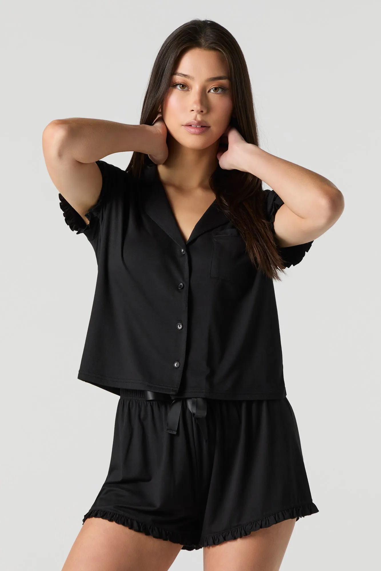 Ruffle Button-Up Top & Short 2 Piece Pajama Set sold by Urban Planet product image thumbnail 4