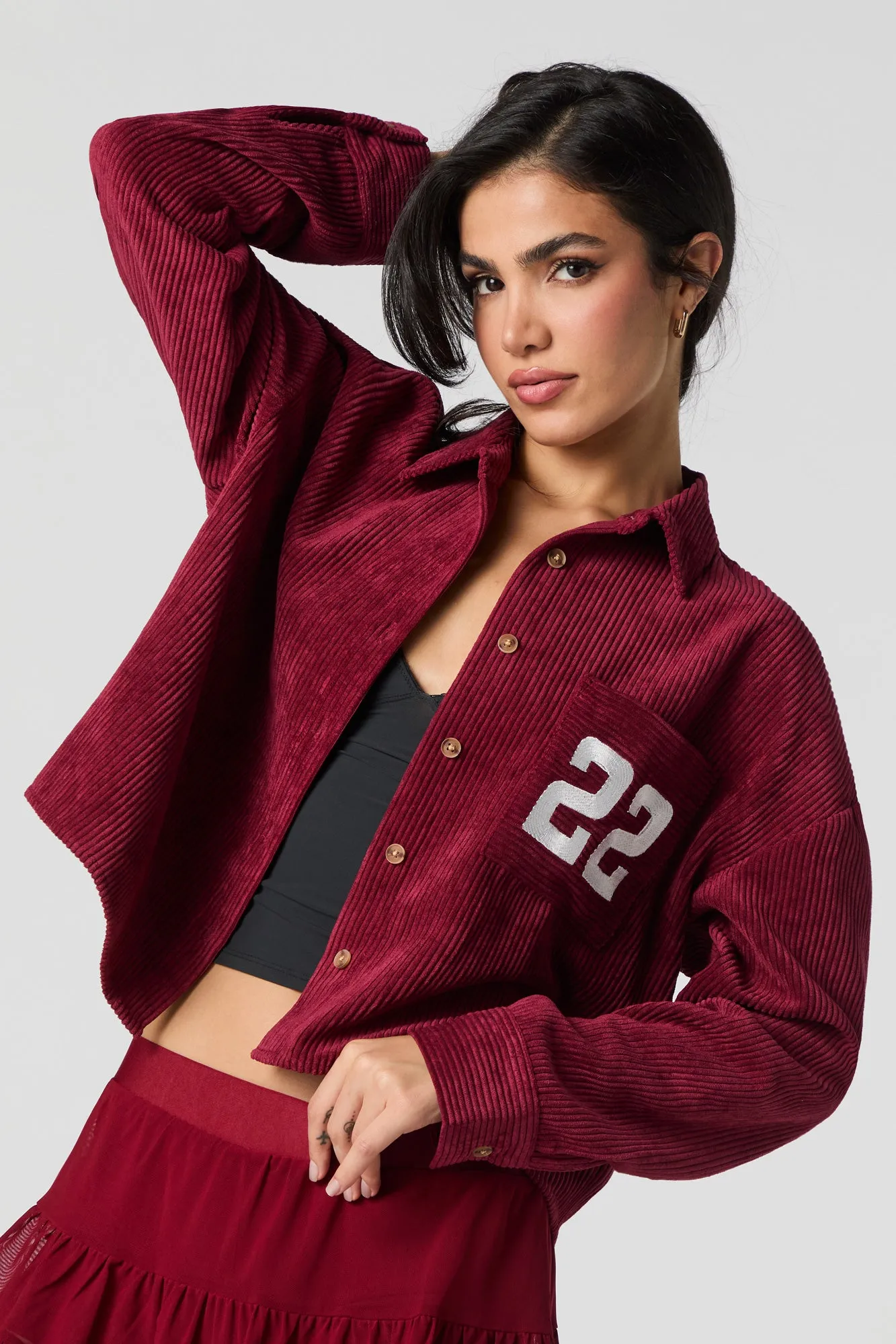 Embroidered Pocket Corduroy Button-Up Cropped Top sold by Urban Planet