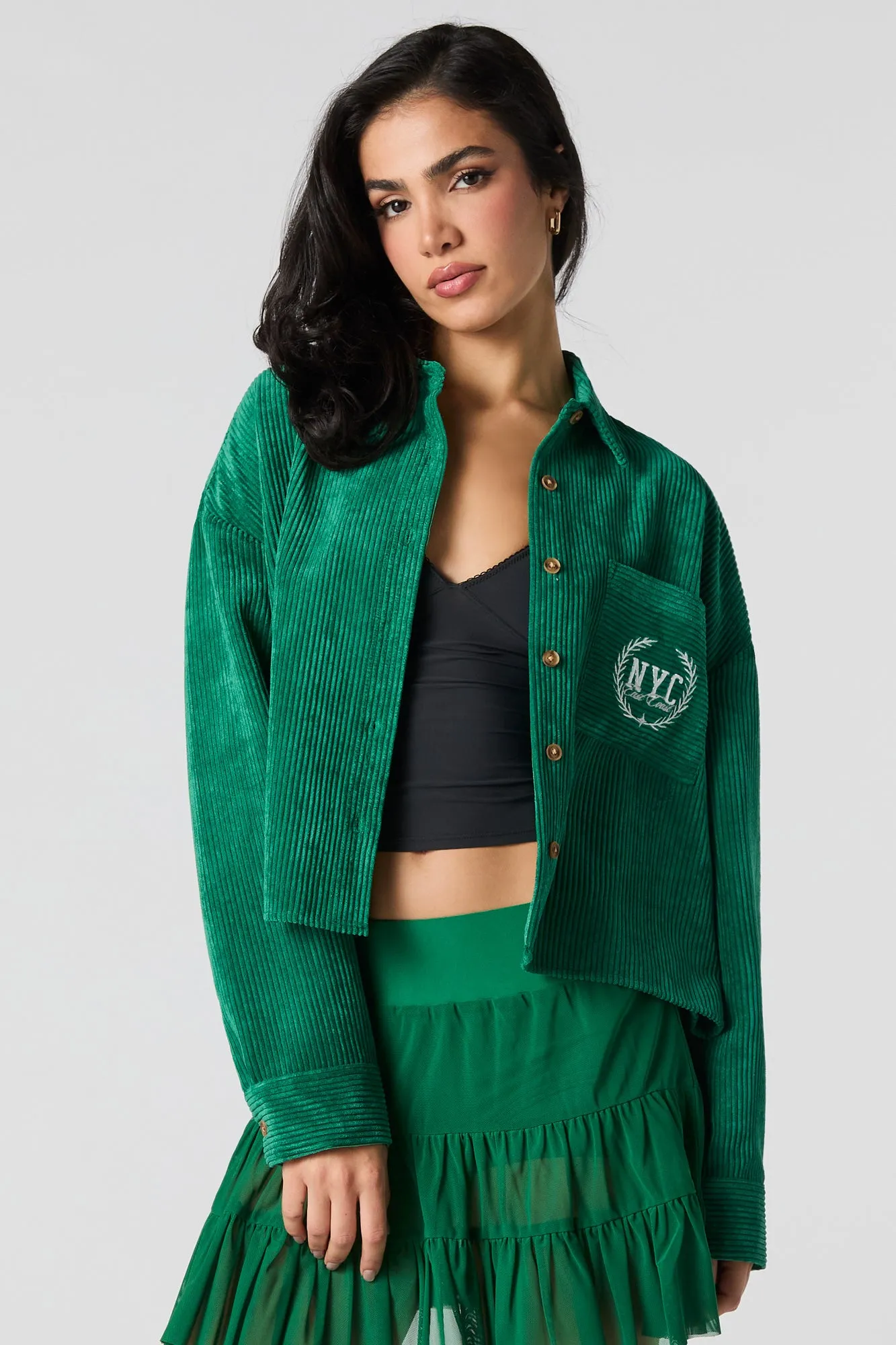 Embroidered Pocket Corduroy Button-Up Cropped Top sold by Urban Planet product image thumbnail 4