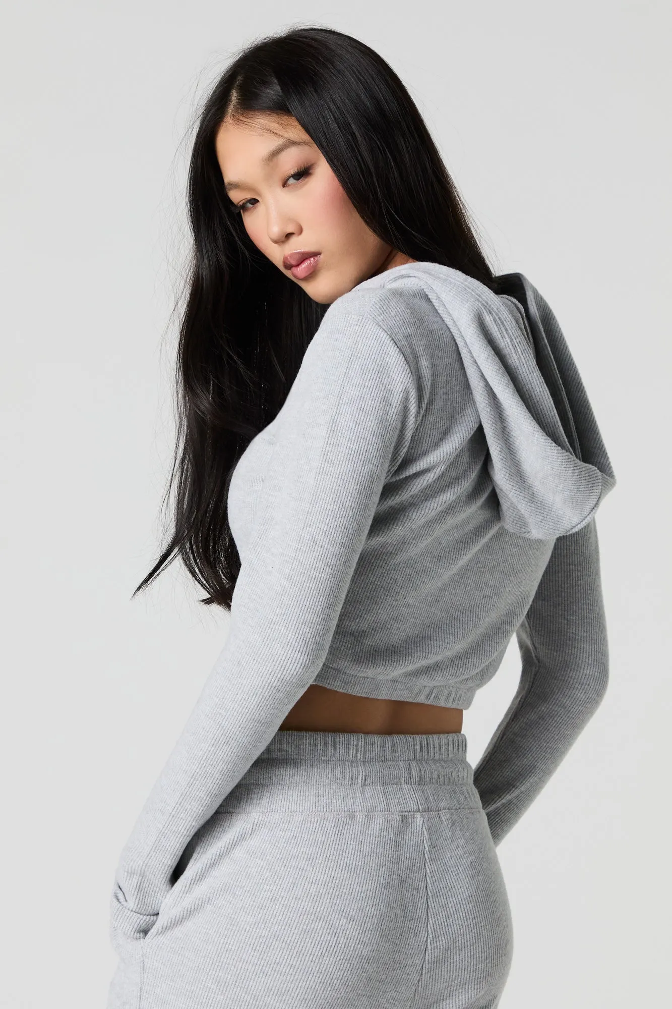 Ribbed Fleece Zip-Up Cropped Hoodie sold by Urban Planet product image thumbnail 2