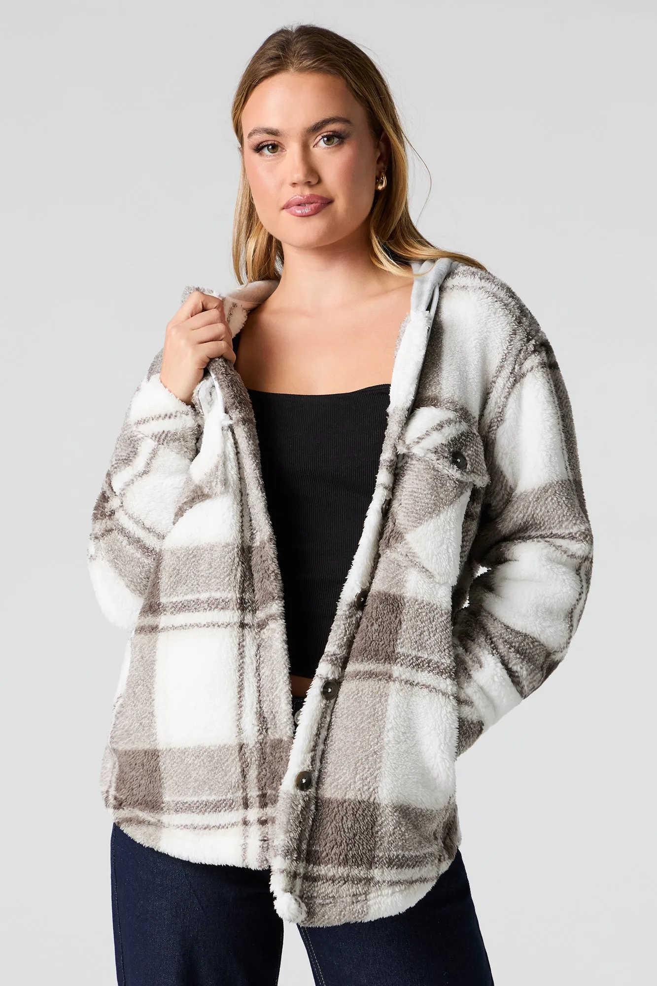 Plaid Sherpa Hooded Shacket sold by Urban Planet product image thumbnail 5